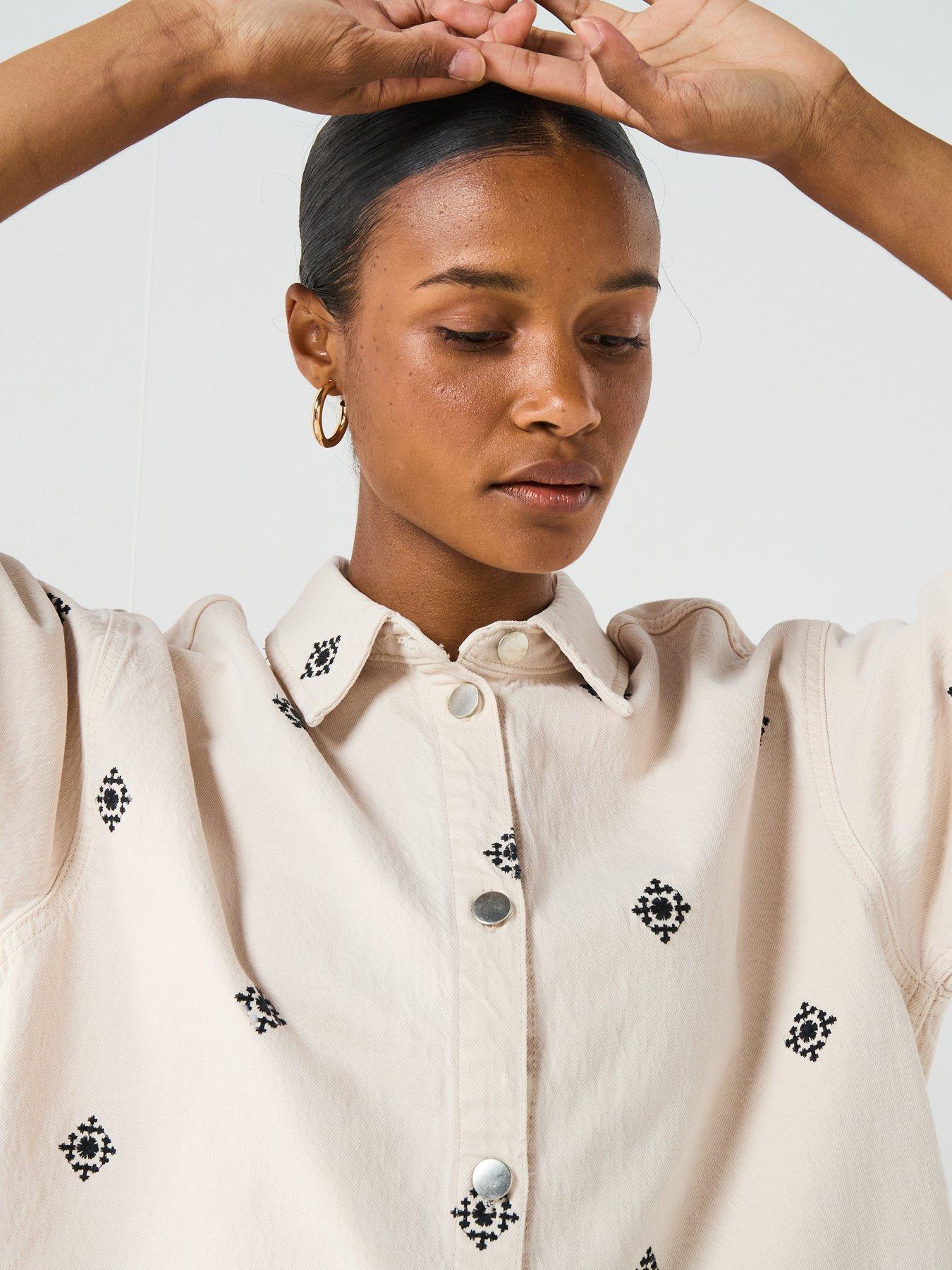 Image 4 of 6 of Vero Moda Short Sleeve Embroidered Denim Shirt - Cream