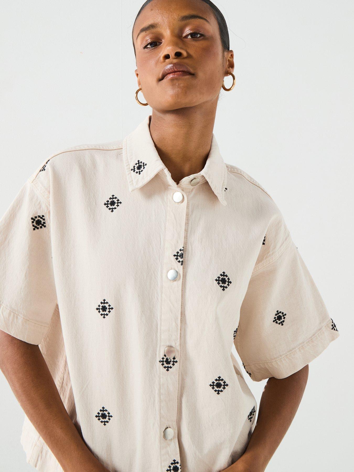 Image 6 of 6 of Vero Moda Short Sleeve Embroidered Denim Shirt - Cream