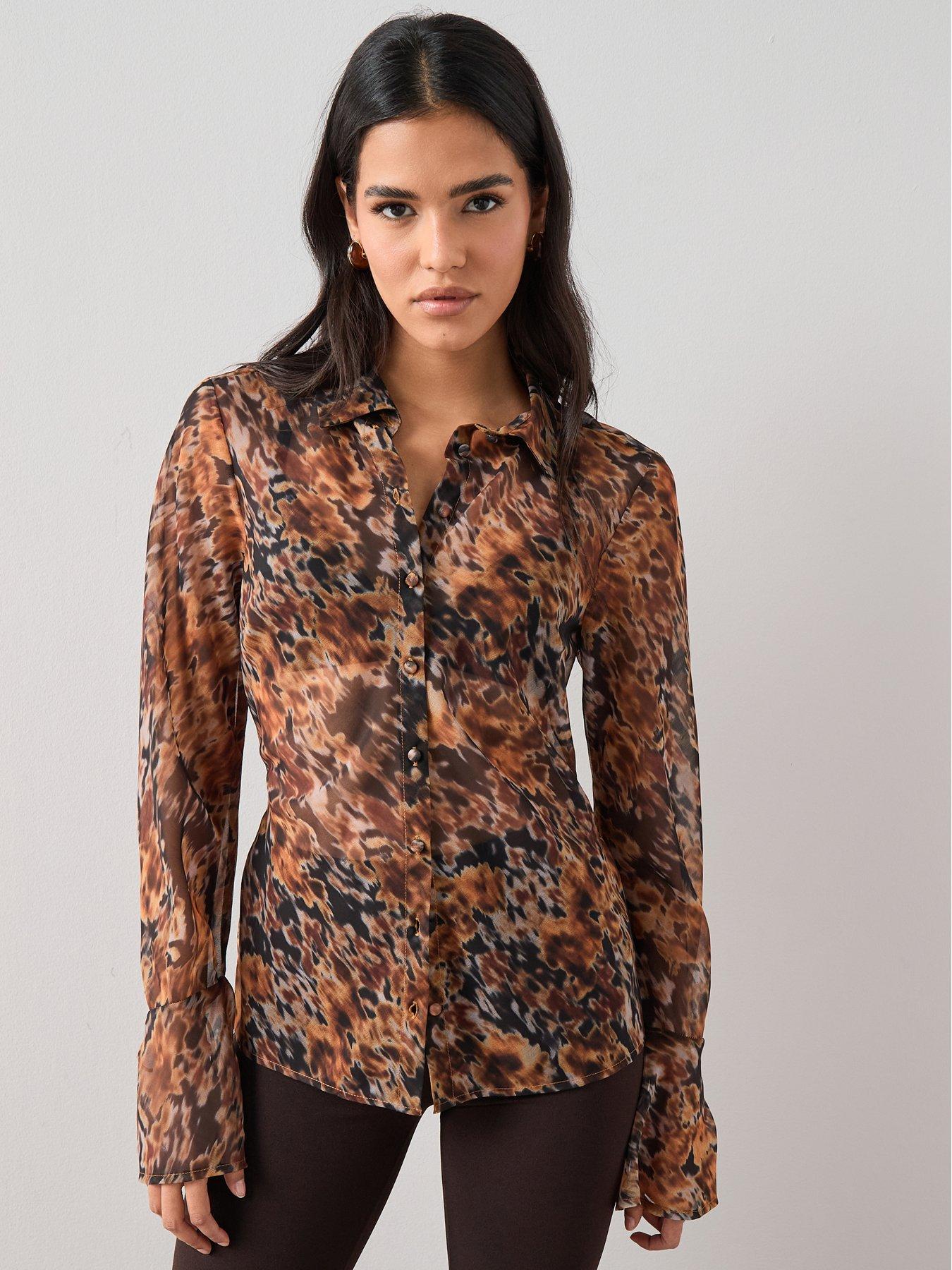 Image 1 of 7 of The Very Collection Tie Sleeve Printed Shirt - Orange