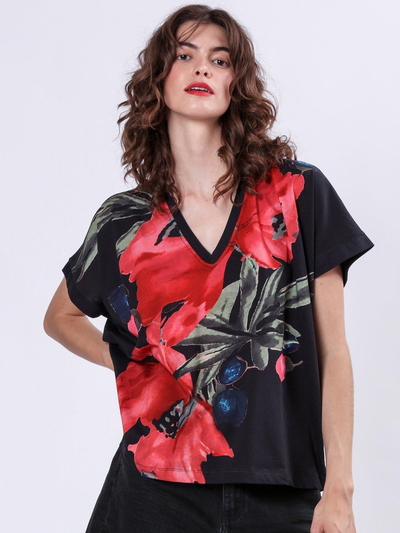 undefined Cloak Jersey Top With Pink And Red Floral Print - Black