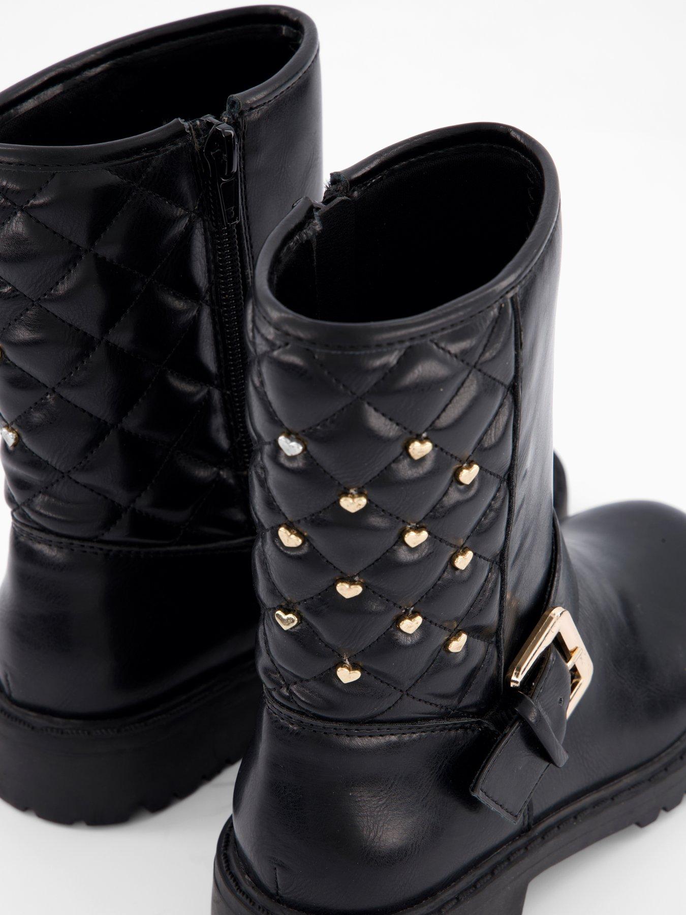  image of the-very-collection-girls-heart-stud-quilted-biker-boot-black