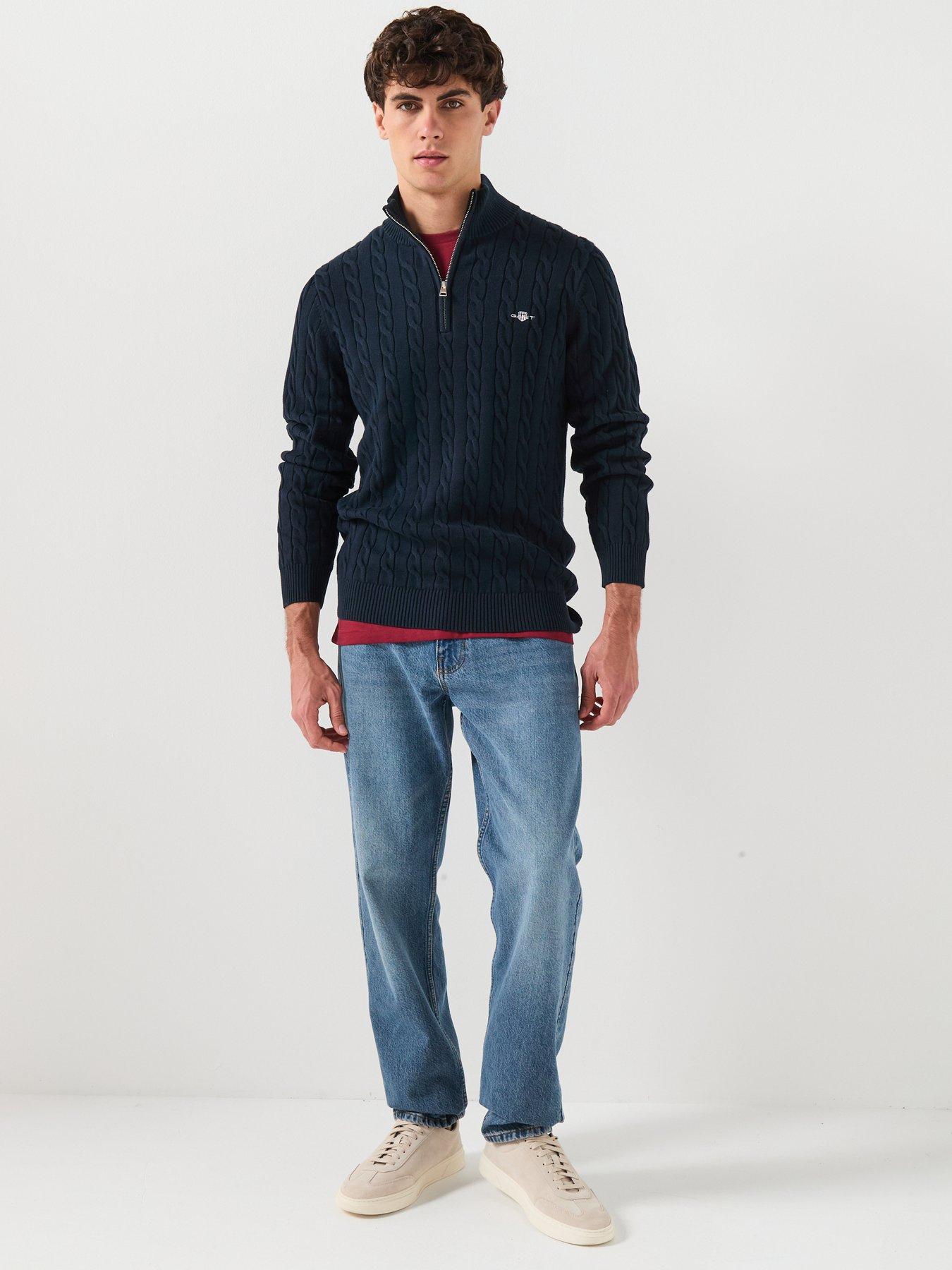  image of gant-cotton-cable-14-zip-knitted-jumper-navy