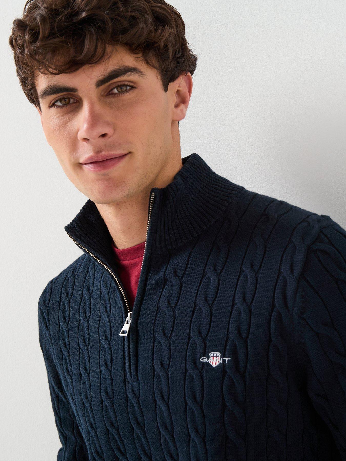 image of gant-cotton-cable-14-zip-knitted-jumper-navy