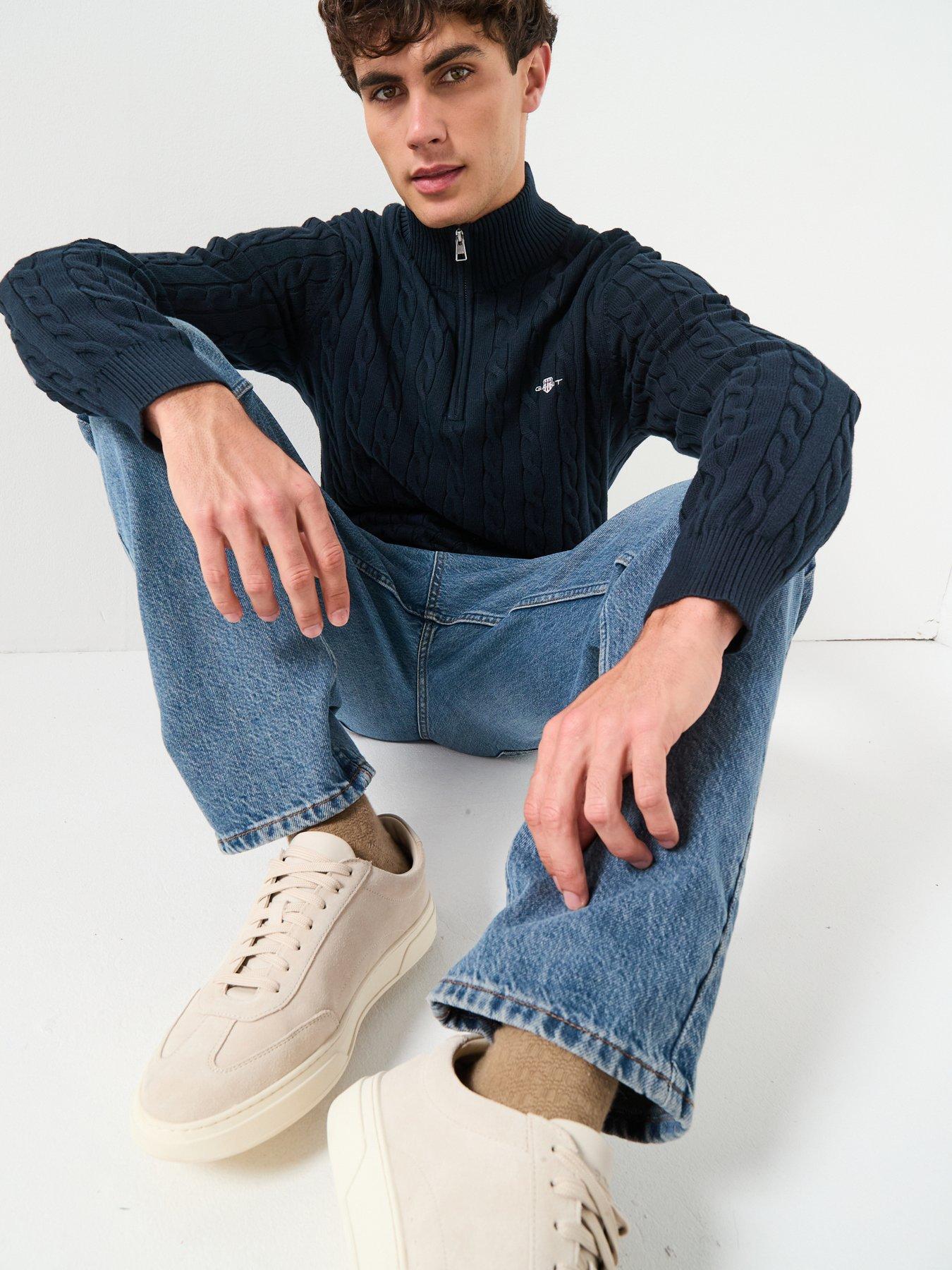  image of gant-cotton-cable-14-zip-knitted-jumper-navy