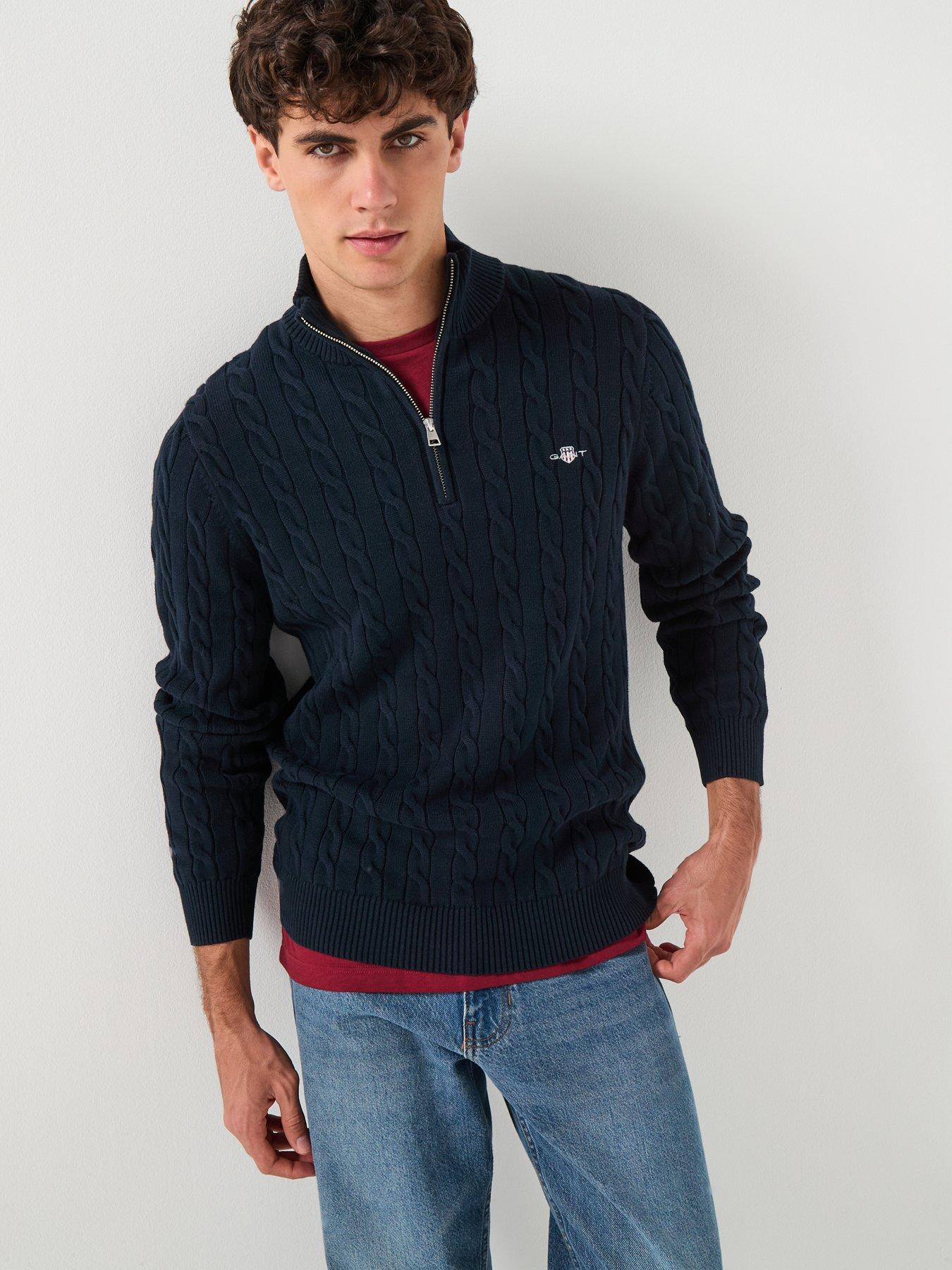  image of gant-cotton-cable-14-zip-knitted-jumper-navy