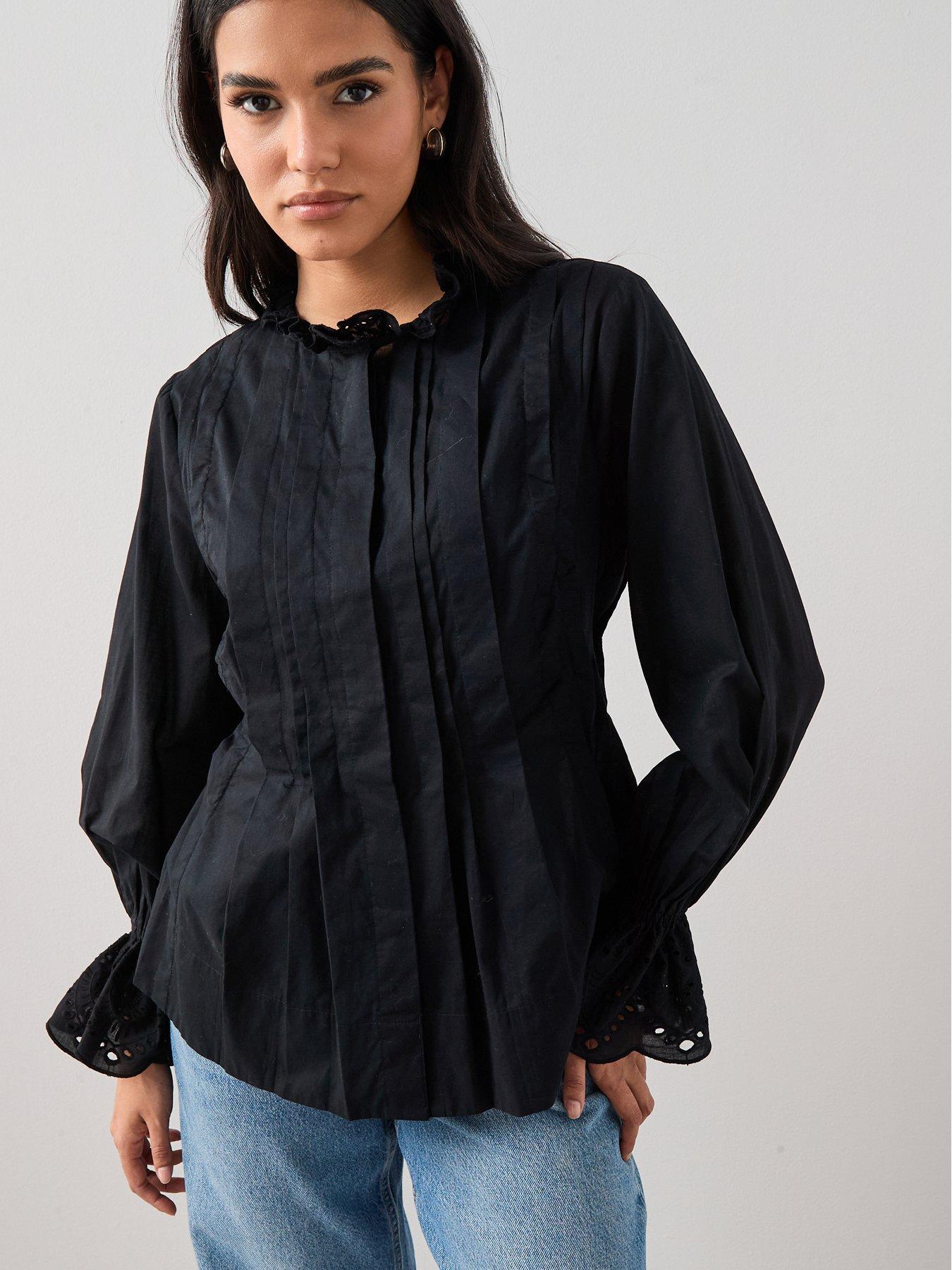 Image 1 of 7 of The Very Collection Broderie Pleated Blouse - Black