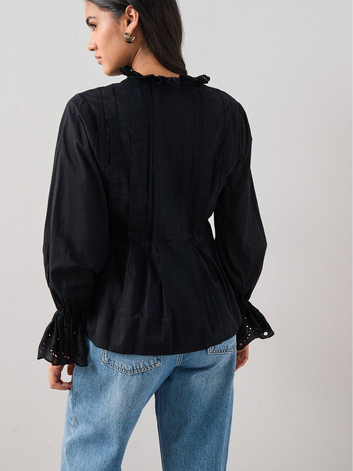 Image 2 of 7 of The Very Collection Broderie Pleated Blouse - Black