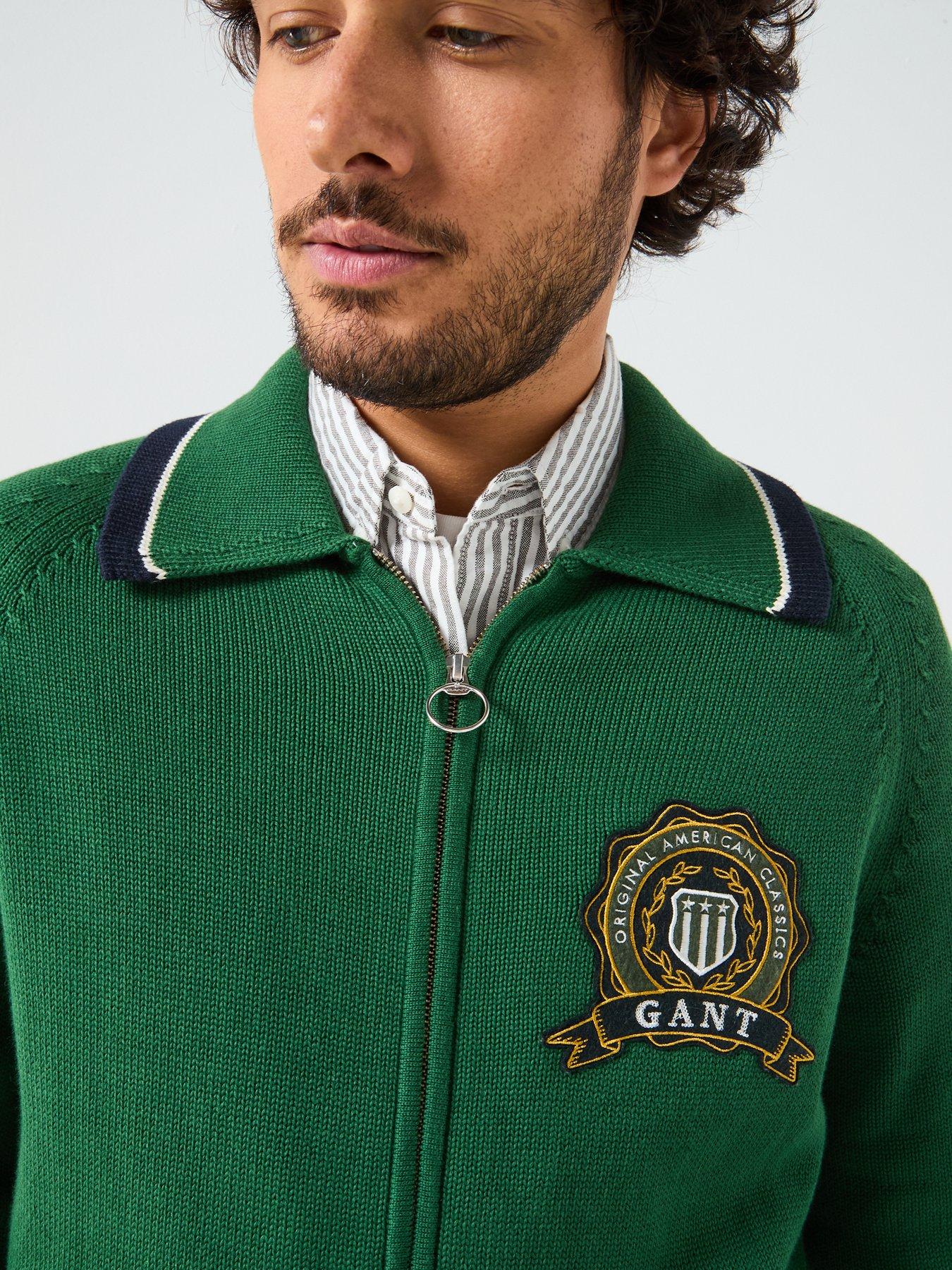 Image 4 of 6 of GANT Regular Fit Crested Zip Through Knitted Cardigan - Green