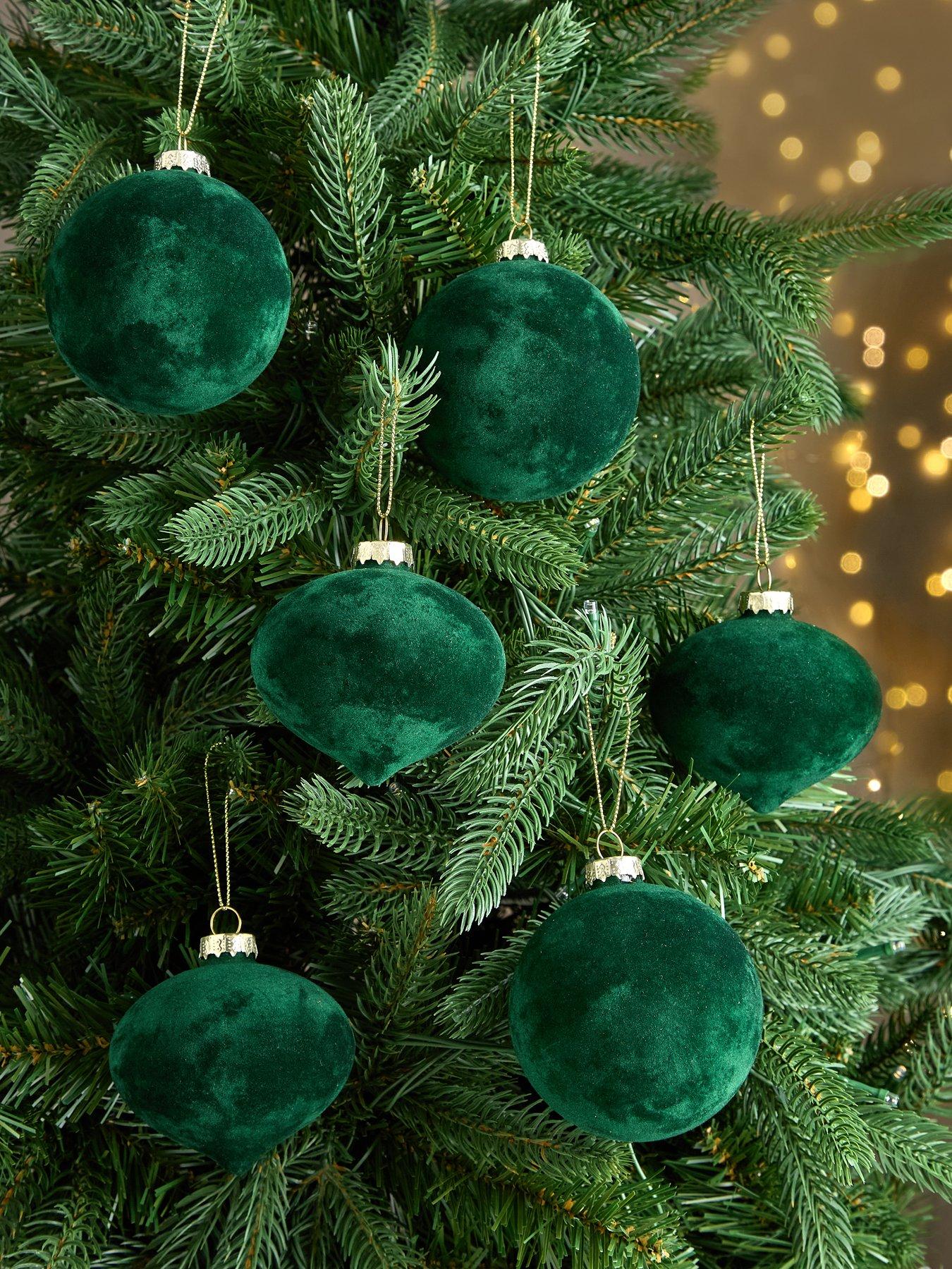 undefined Set of 6 Emerald Green Flocked Glass Christmas Tree Baubles