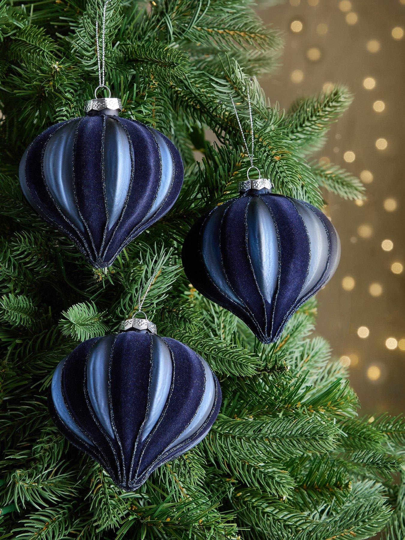 undefined Set of 3 Navy Flocked Onion Christmas Tree Baubles