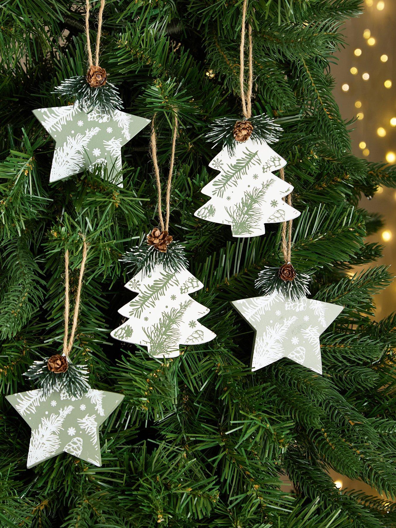 undefined Set of 12 Wooden Star and Tree Shaped Hanging Christmas Decorations
