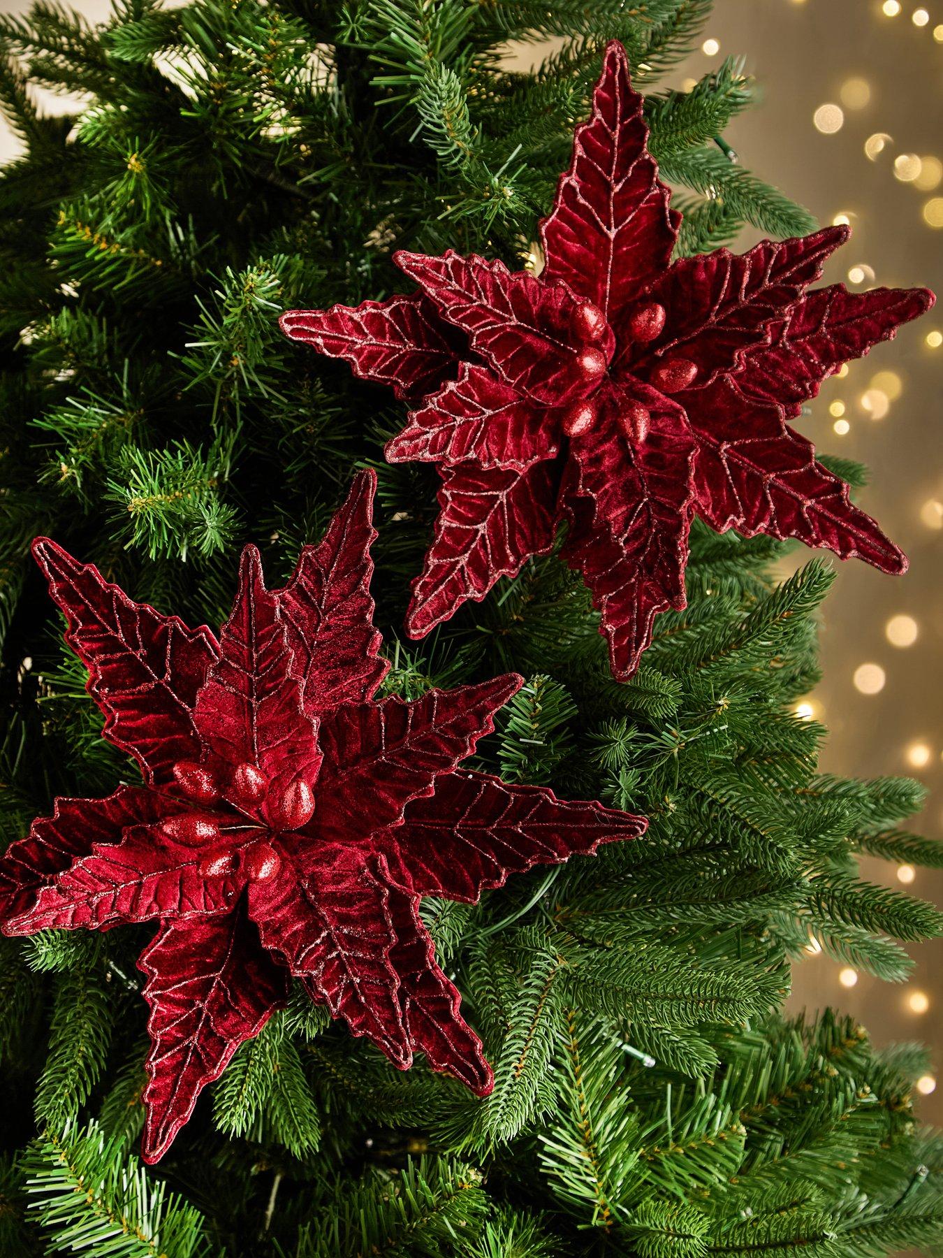 undefined Set of 4 Burgundy Velvet Poinsettia Christmas Tree Decorations