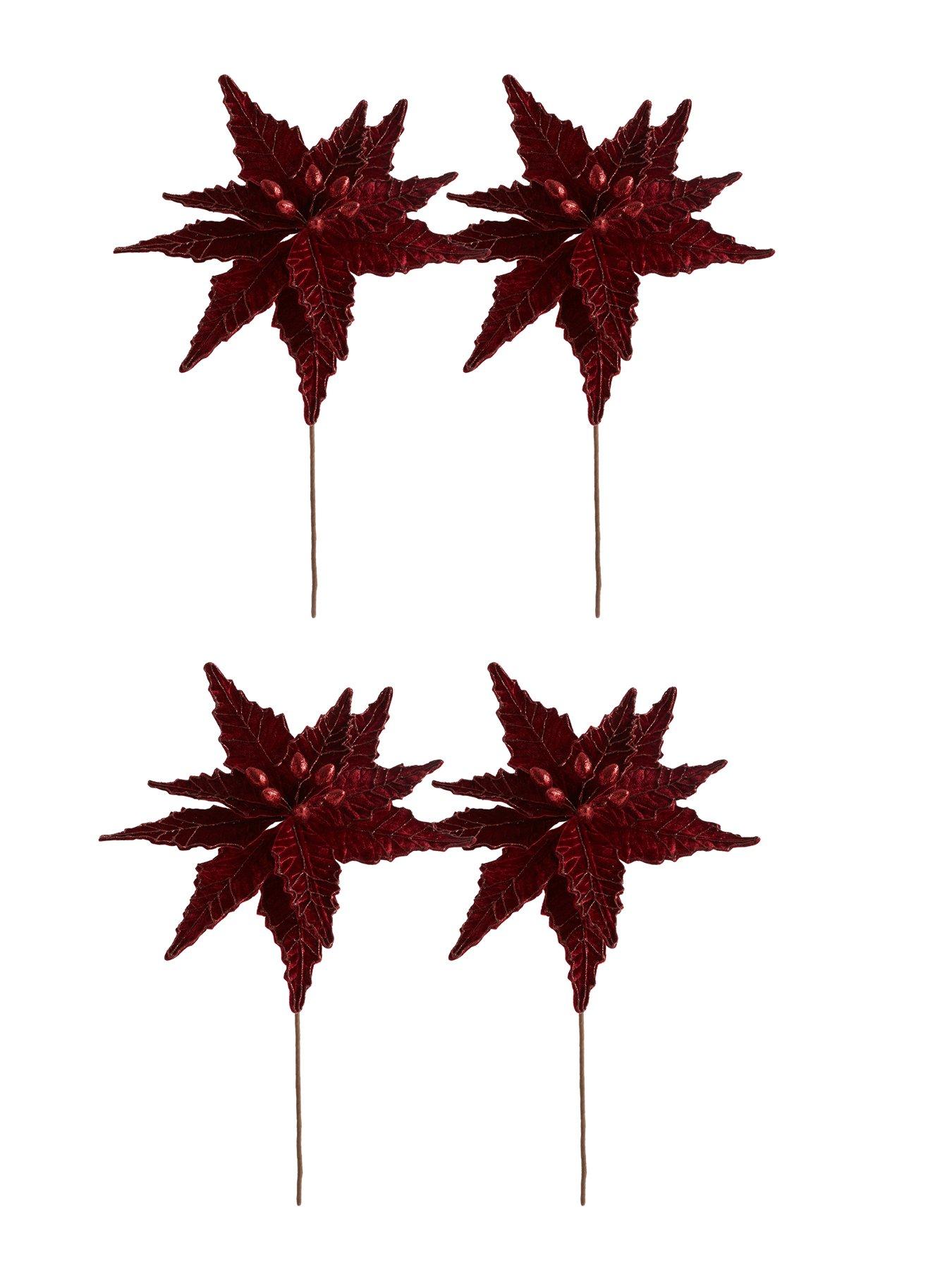 Image 2 of 3 of Festive Set of 4&nbsp;Burgundy Velvet Poinsettia Christmas Tree Decorations