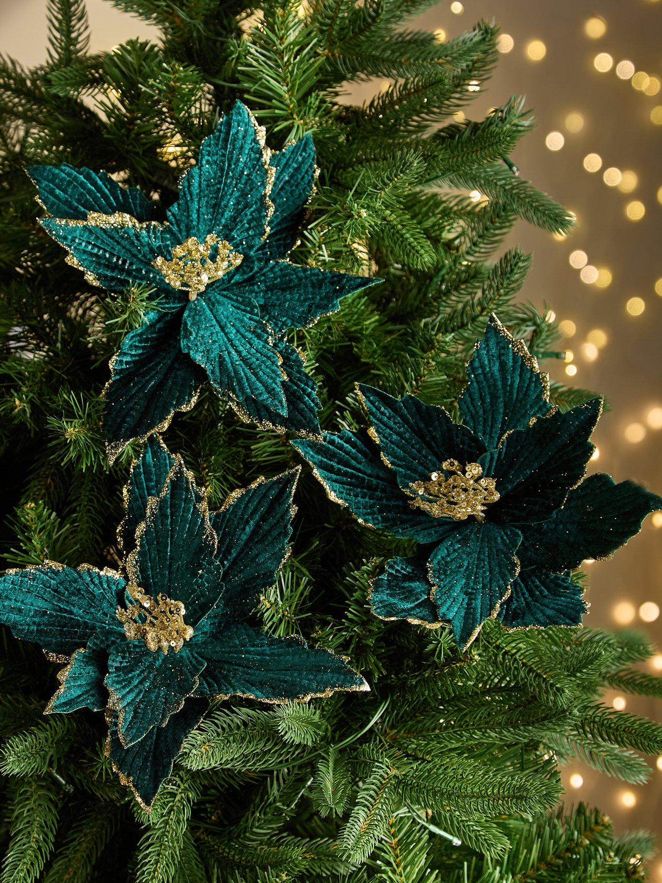 undefined Set of 4 Green Poinsettia Stem Christmas Tree Decorations