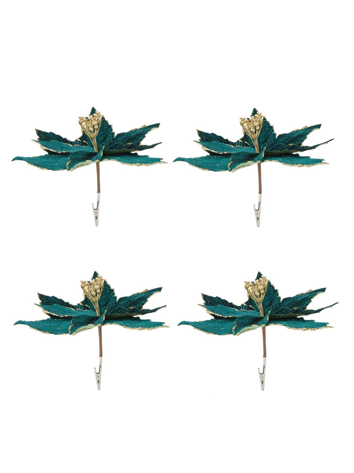Image 2 of 4 of Festive Set of 4&nbsp;Green Poinsettia Stem Christmas Tree Decorations