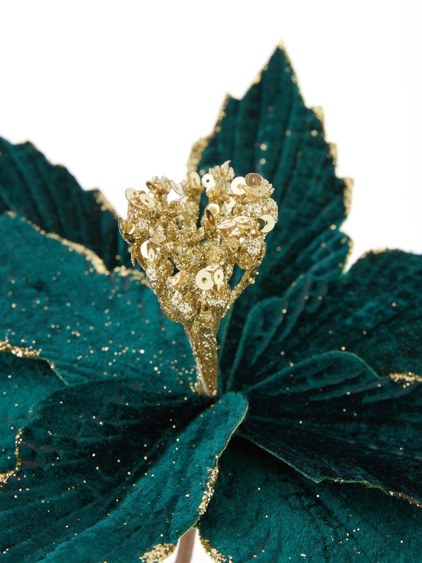 Image 4 of 4 of Festive Set of 4&nbsp;Green Poinsettia Stem Christmas Tree Decorations