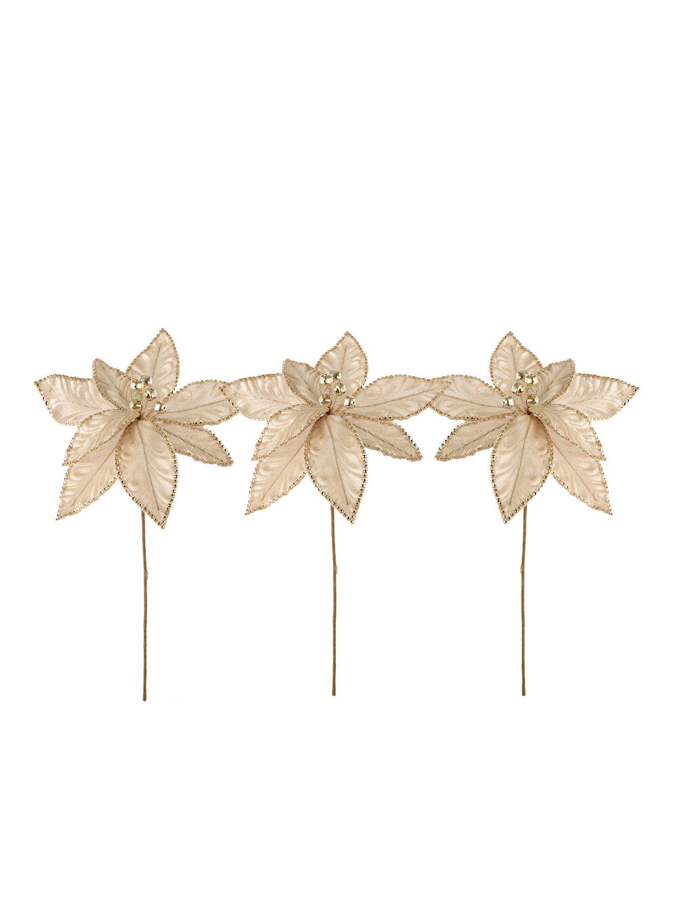 Image 2 of 4 of Festive Set of 3&nbsp;Champagne Gold Poinsettia with Sequins Christmas Tree Picks