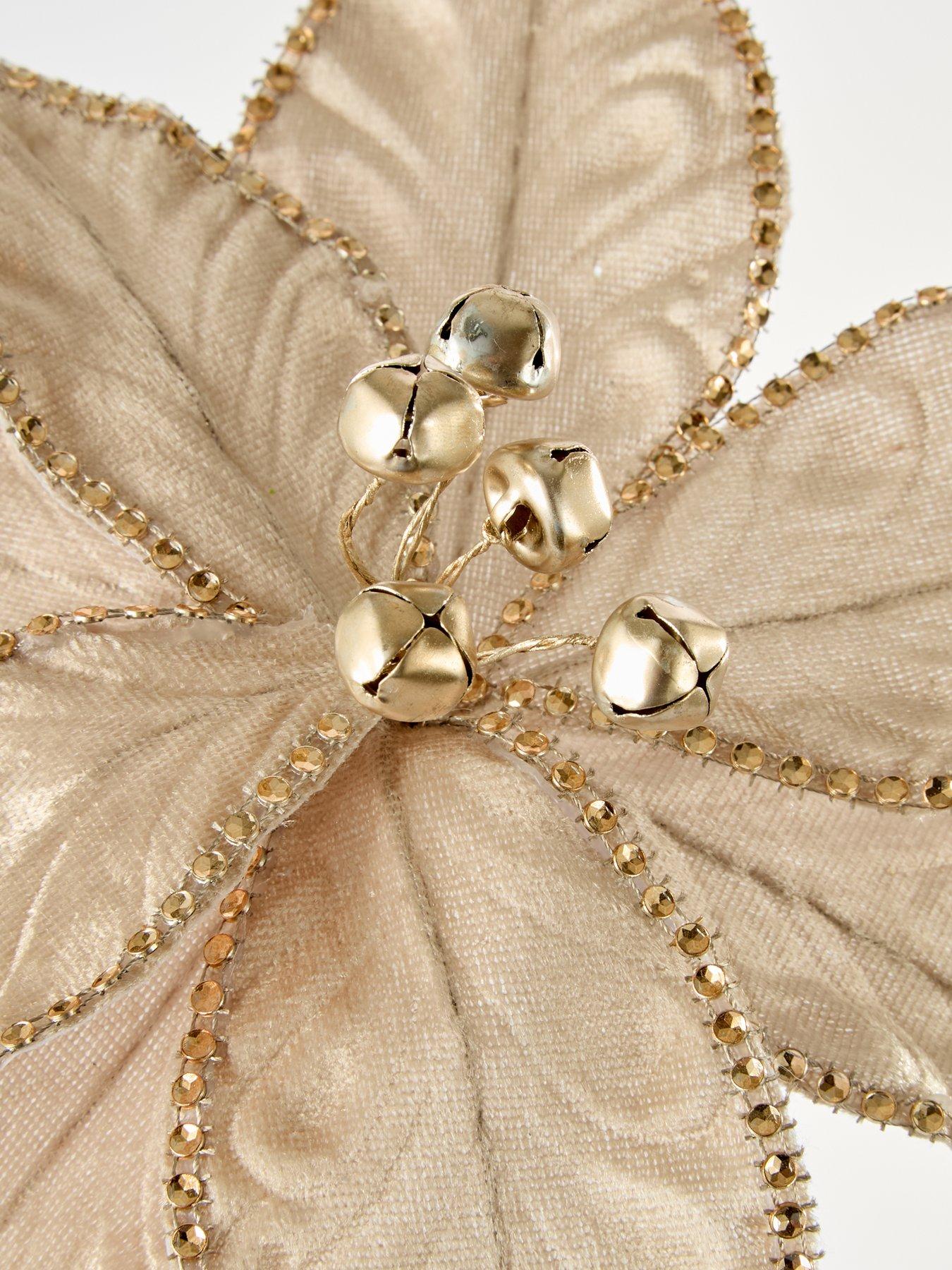 Image 3 of 4 of Festive Set of 3&nbsp;Champagne Gold Poinsettia with Sequins Christmas Tree Picks