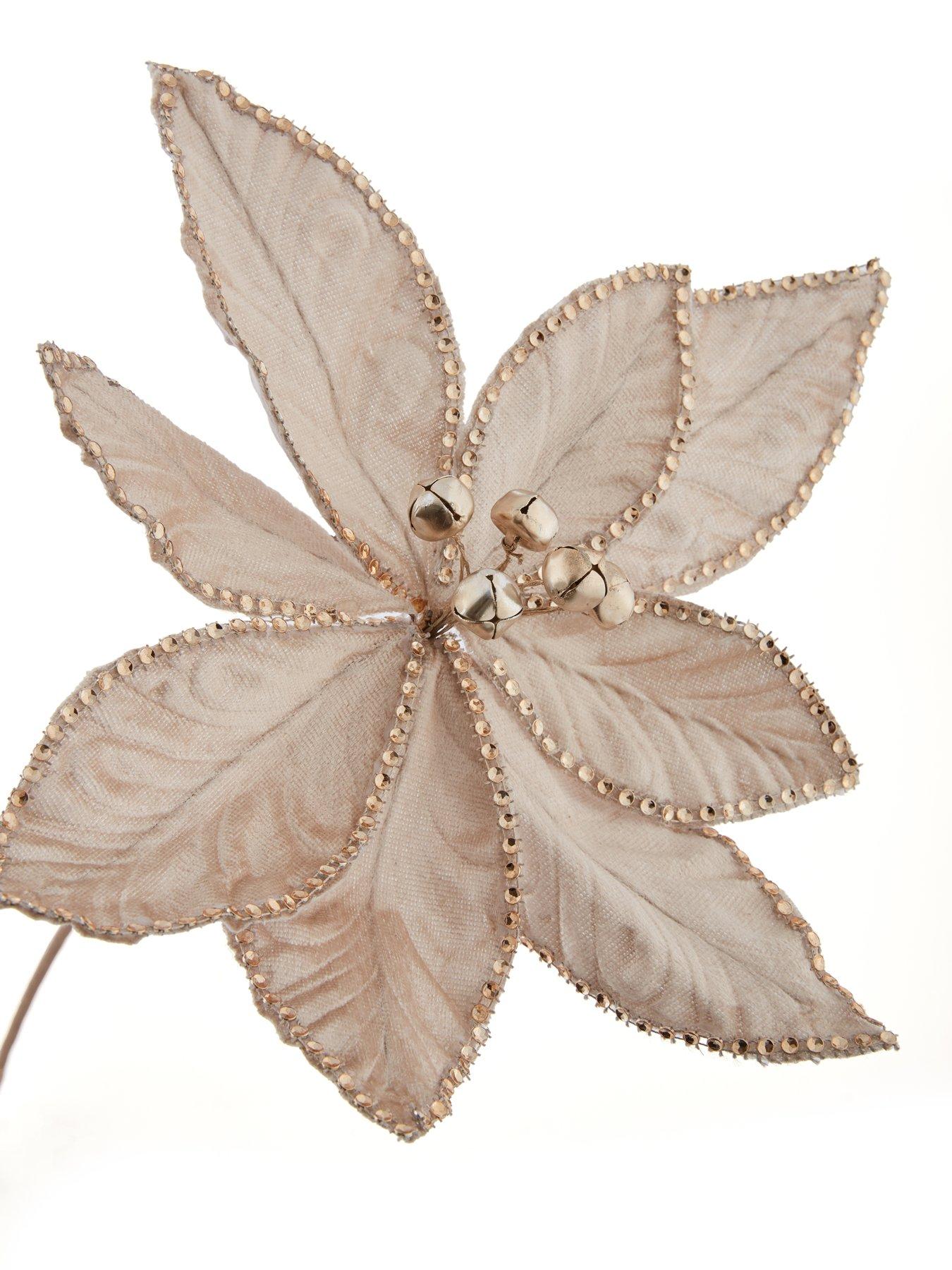 Image 4 of 4 of Festive Set of 3&nbsp;Champagne Gold Poinsettia with Sequins Christmas Tree Picks