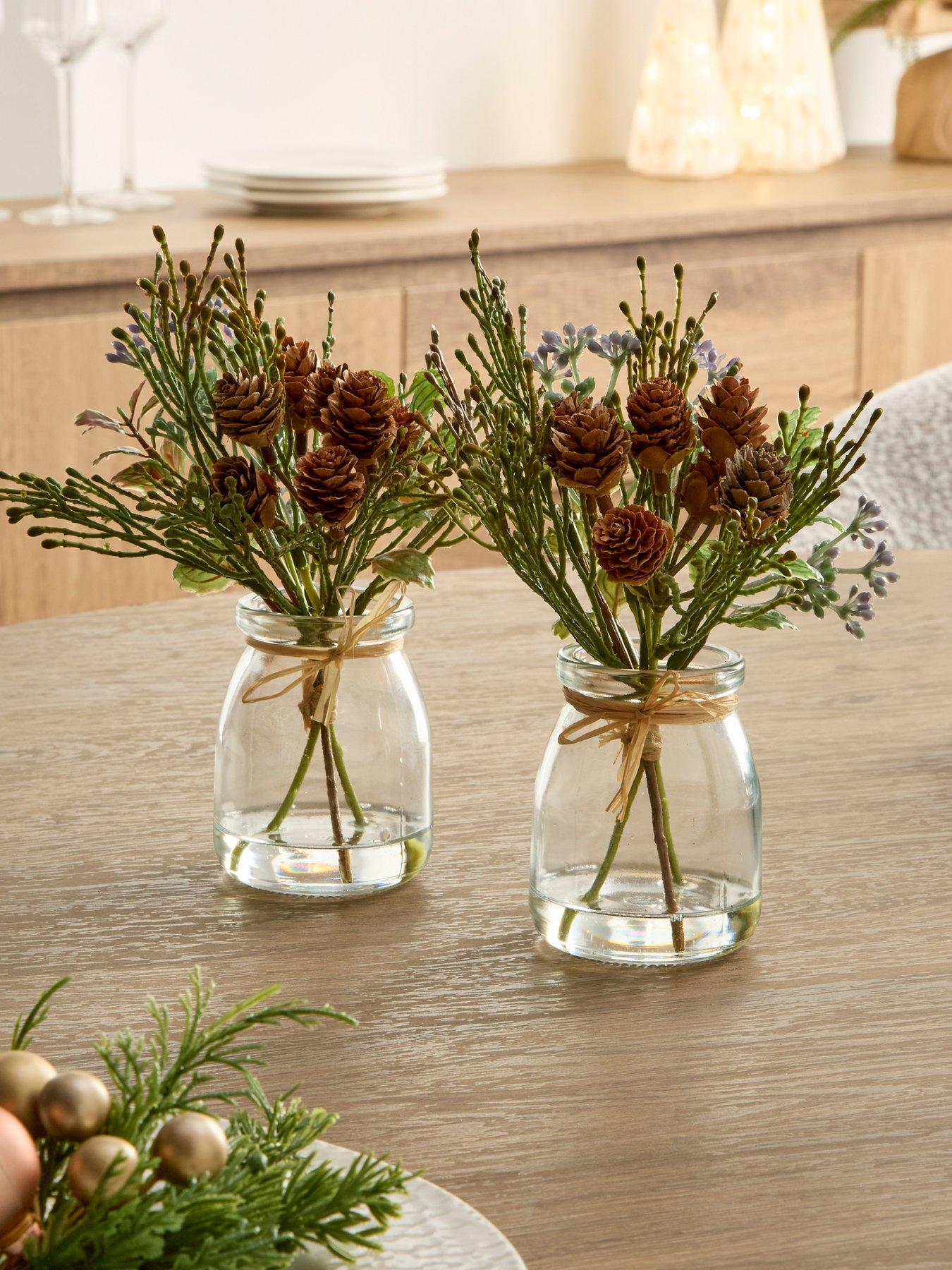 Festive Set of 2 x 18cm Mixed Green Foliage Cones in Glass