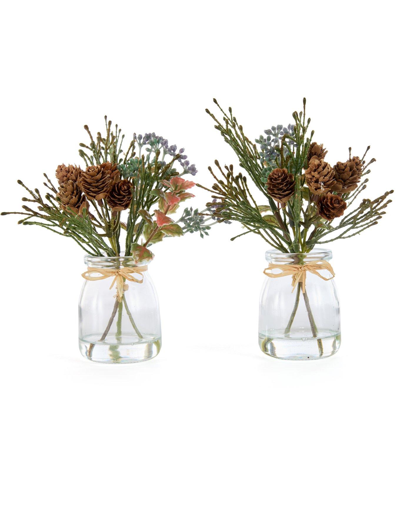 Image 2 of 5 of Festive Set of 2 x 18&nbsp;cm Mixed Green Christmas Foliage Cones in Glass