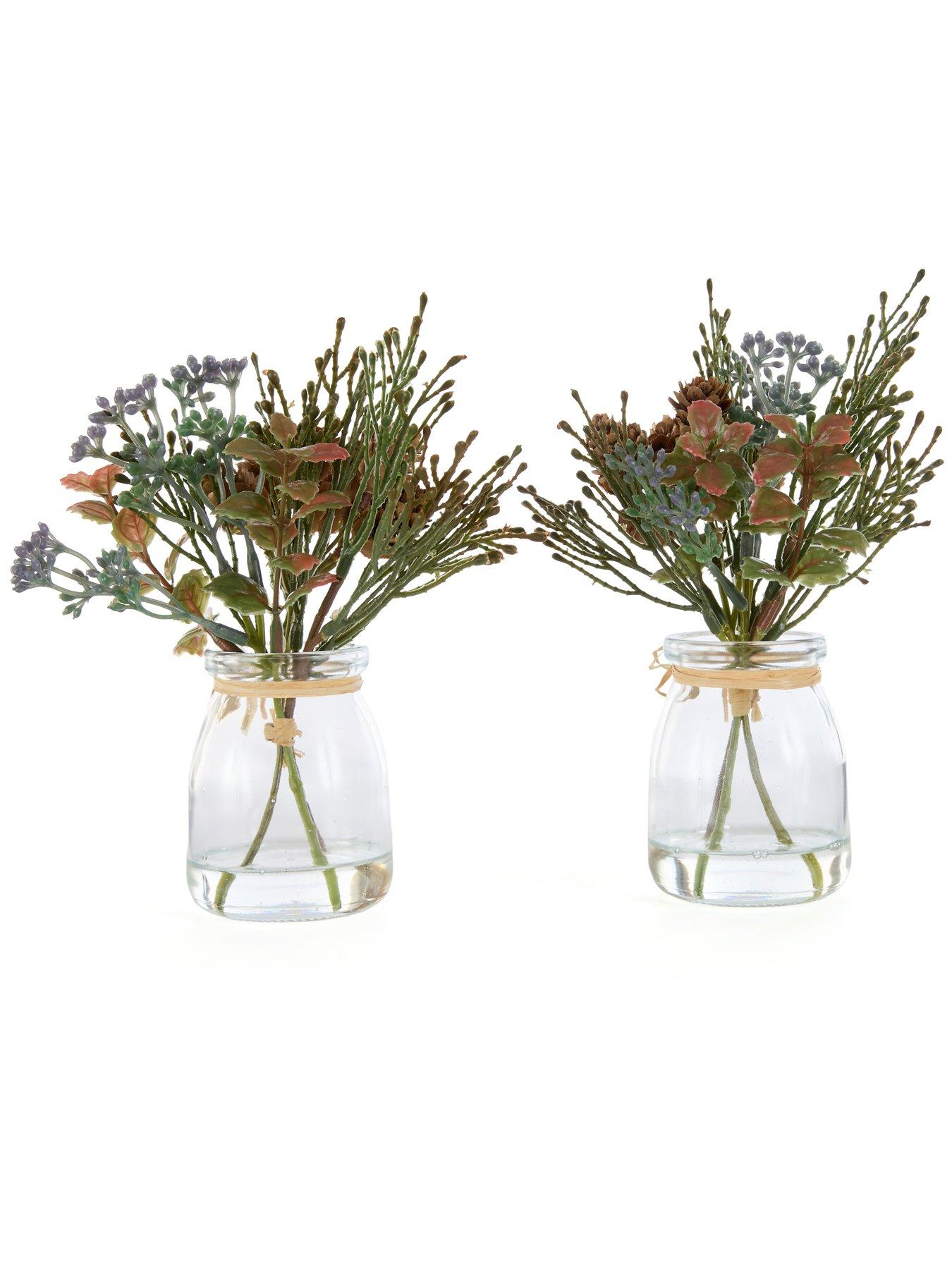 Image 3 of 5 of Festive Set of 2 x 18&nbsp;cm Mixed Green Christmas Foliage Cones in Glass
