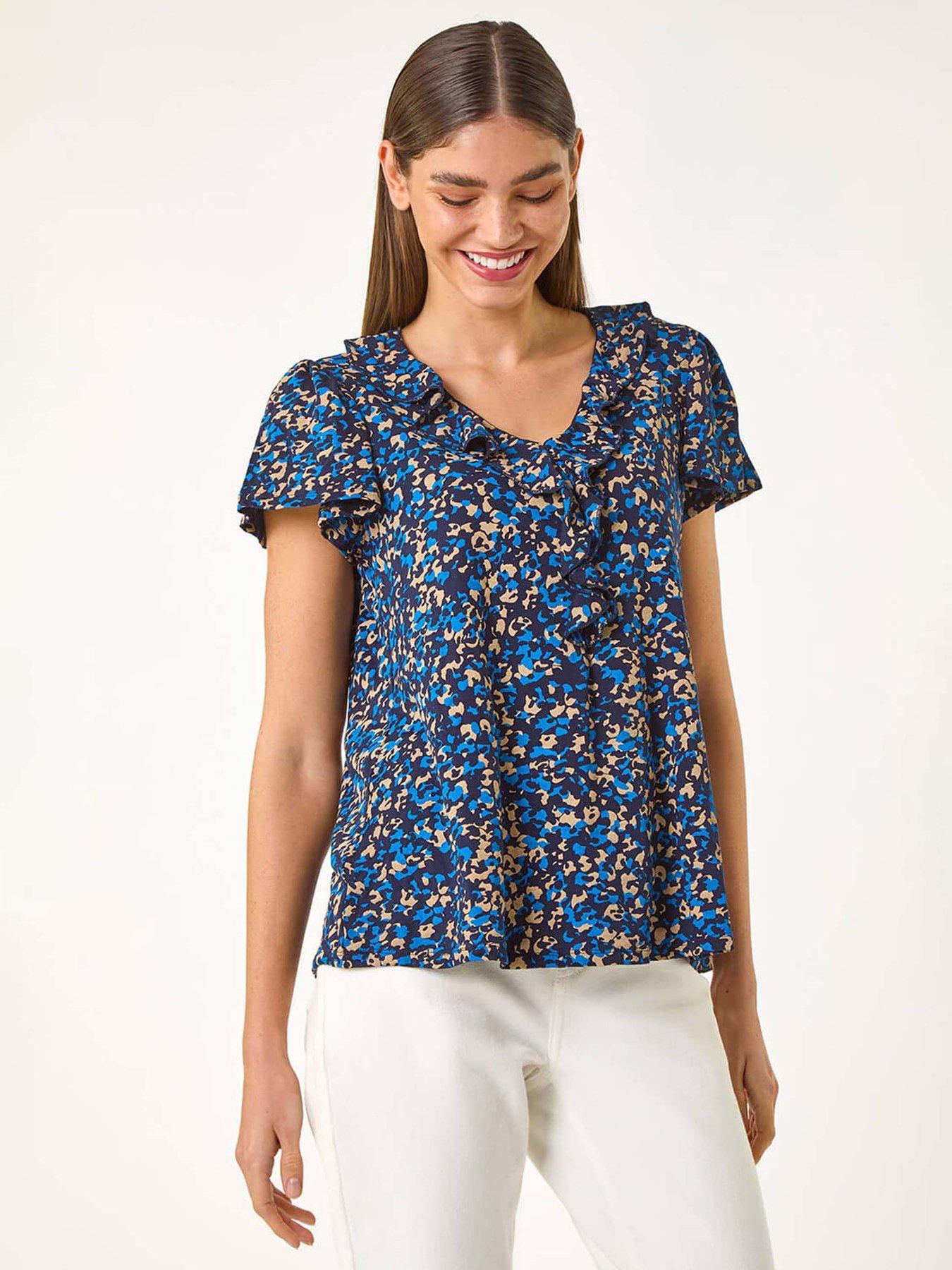 undefined Printed Ruffle V-neck Stretch Top - Navy