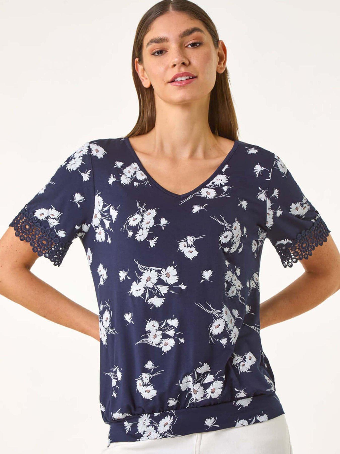  image of roman-floral-print-v-neck-lace-stretch-top-navy