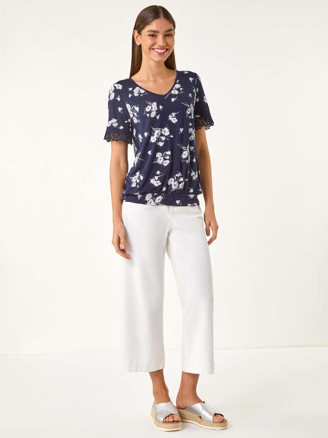  image of roman-floral-print-v-neck-lace-stretch-top-navy
