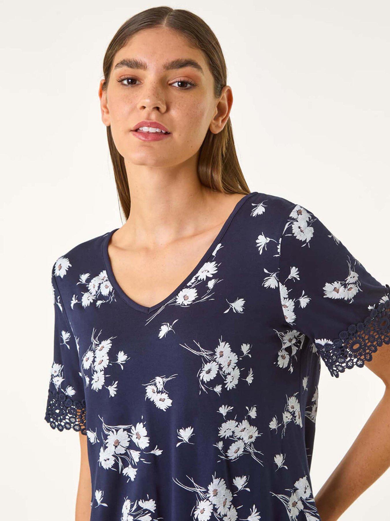 image of roman-floral-print-v-neck-lace-stretch-top-navy