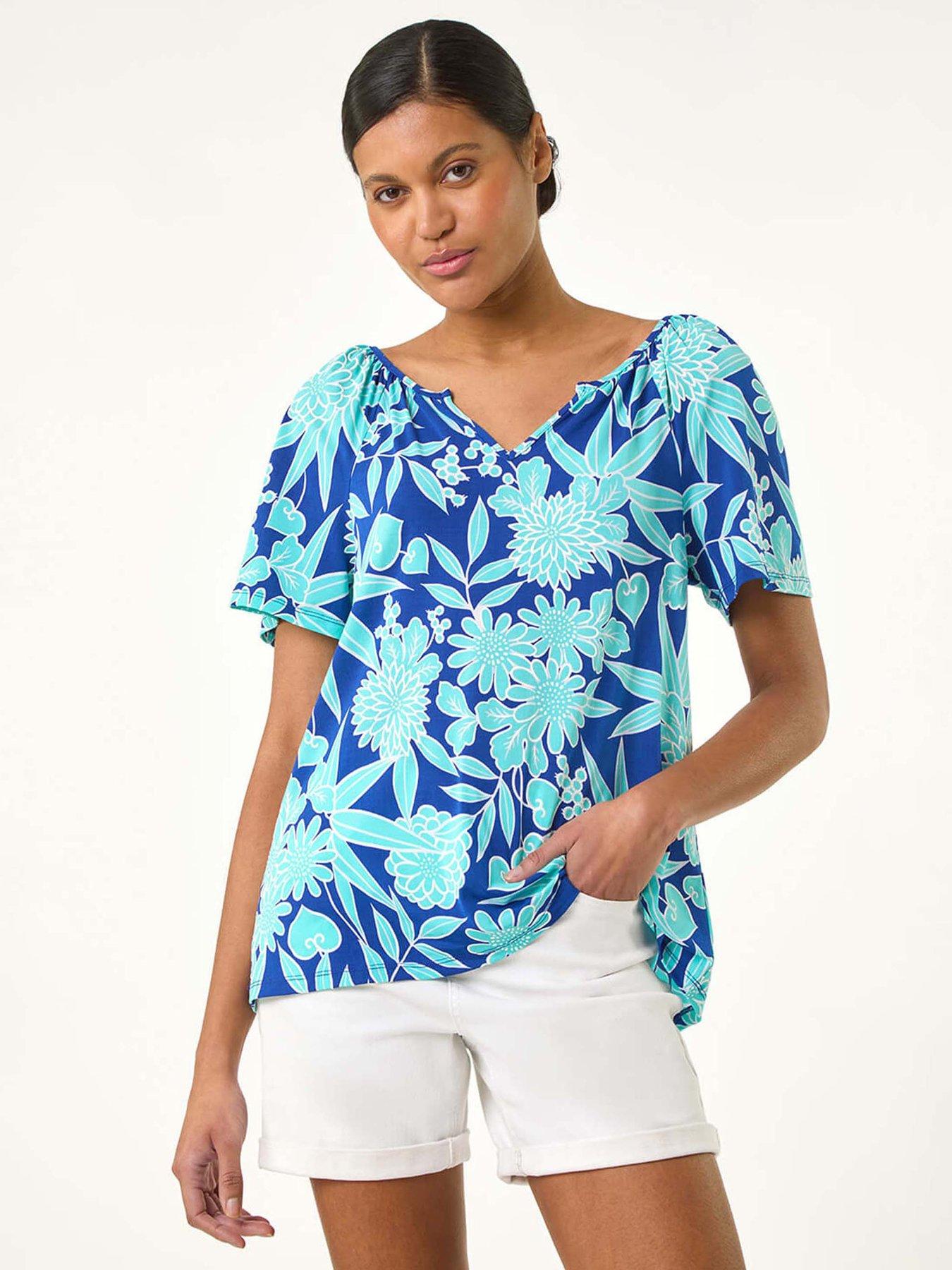 front image of roman-textured-print-notch-neck-top-blue