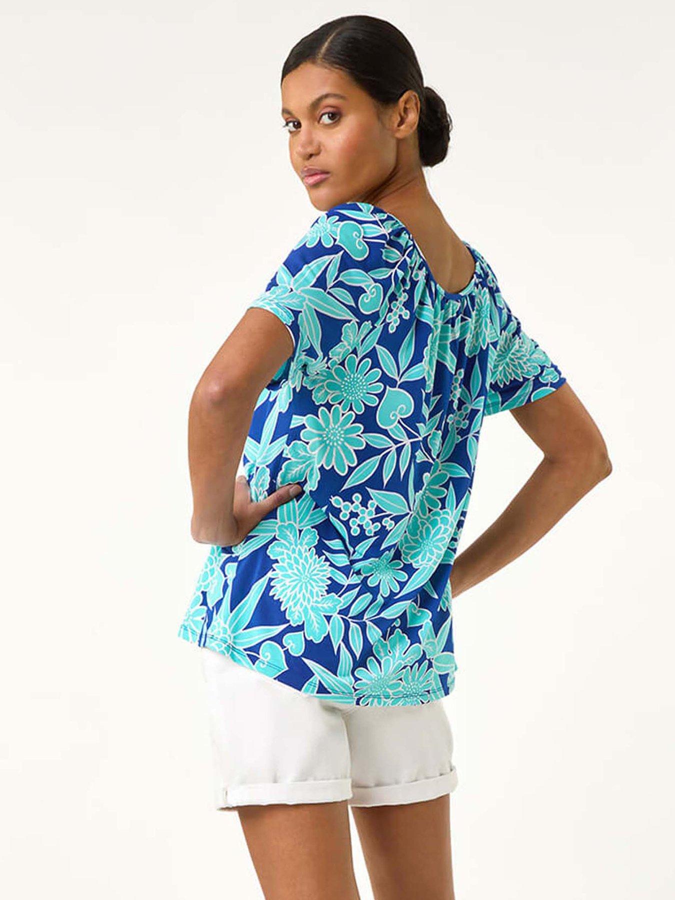 stillFront image of roman-textured-print-notch-neck-top-blue