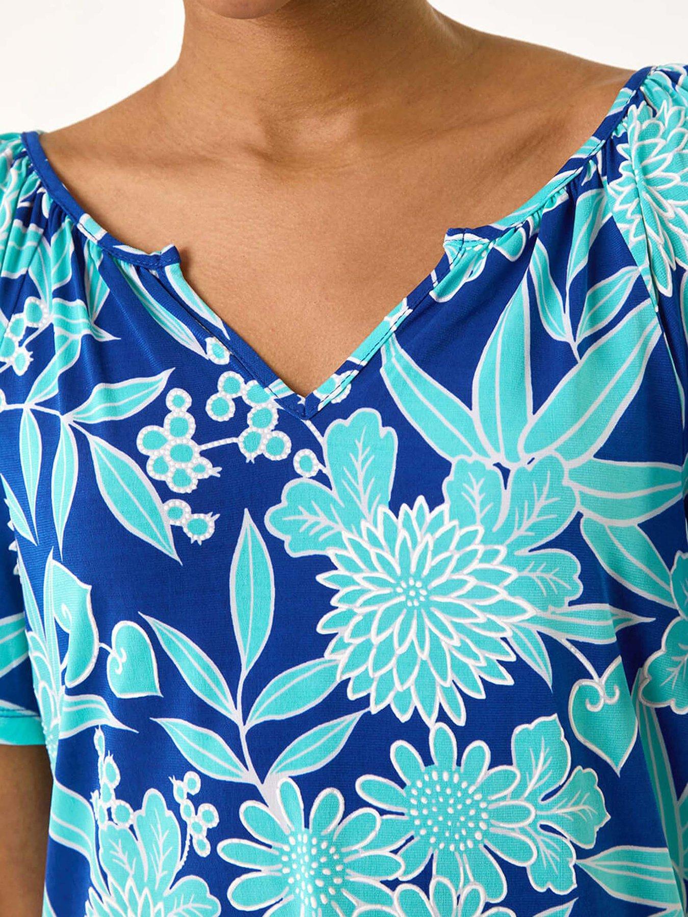  image of roman-textured-print-notch-neck-top-blue