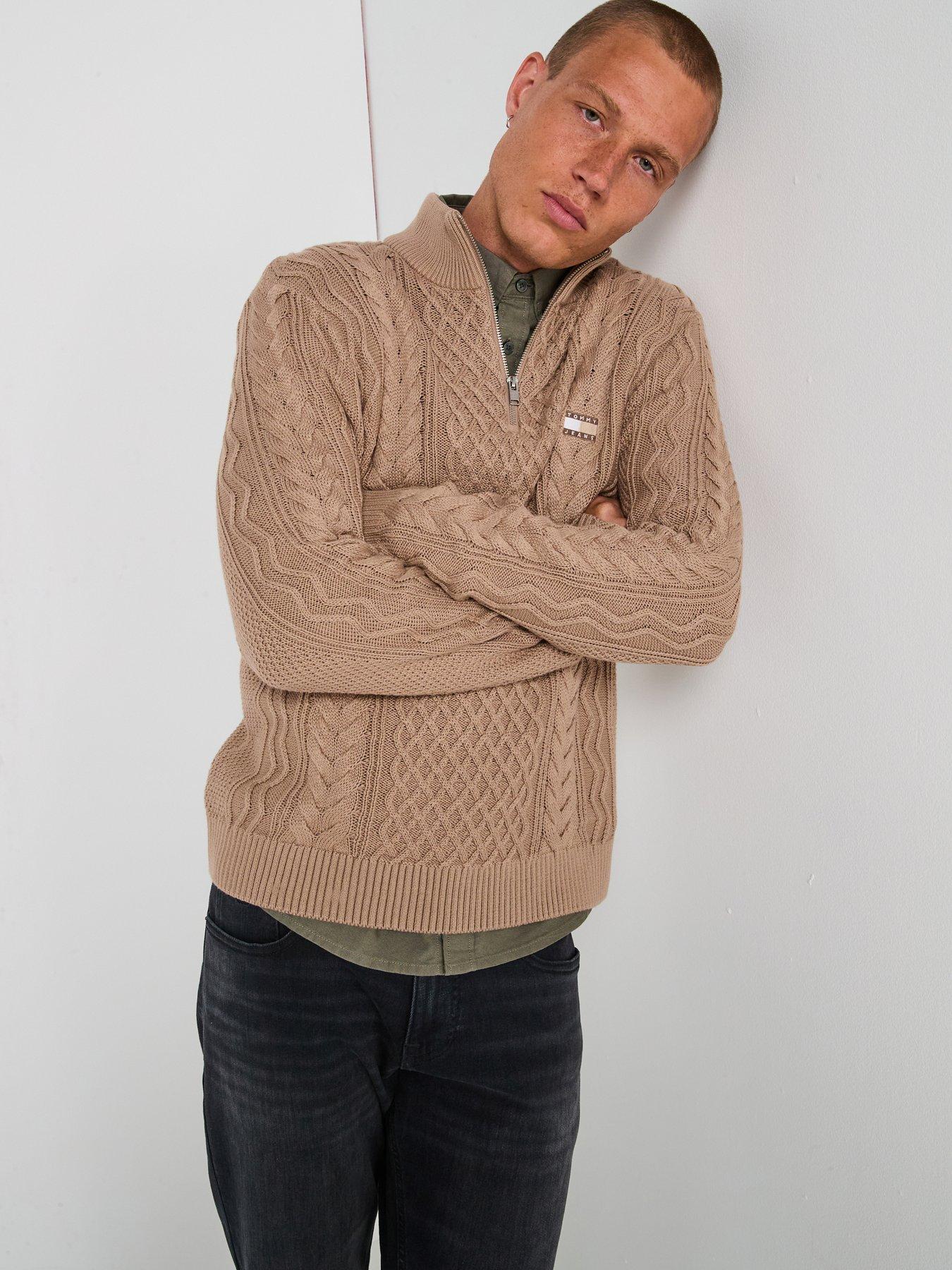 undefined Slim Badge Cable Quarter Zip Knitted Jumper - Beige