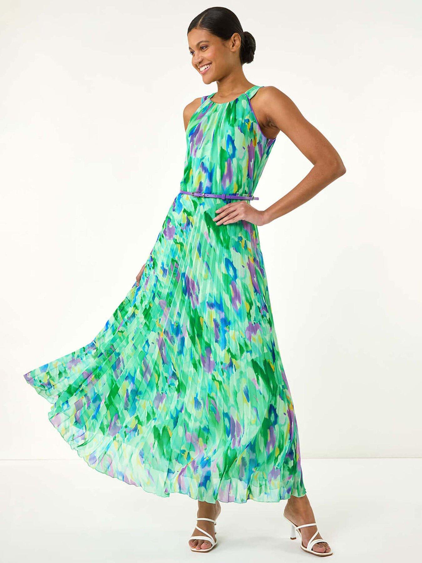 roman-blurred-print-pleated-maxi-dress-green