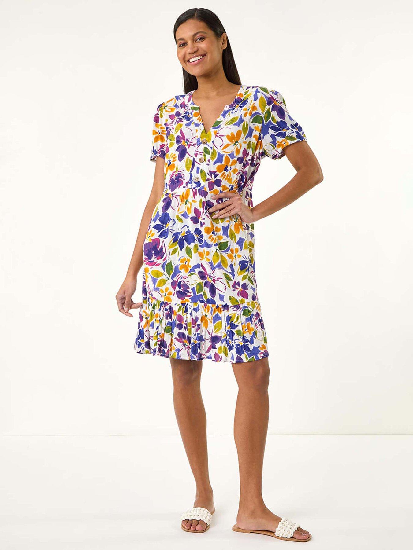 undefined Floral Notch Button A-line Dress - Purple