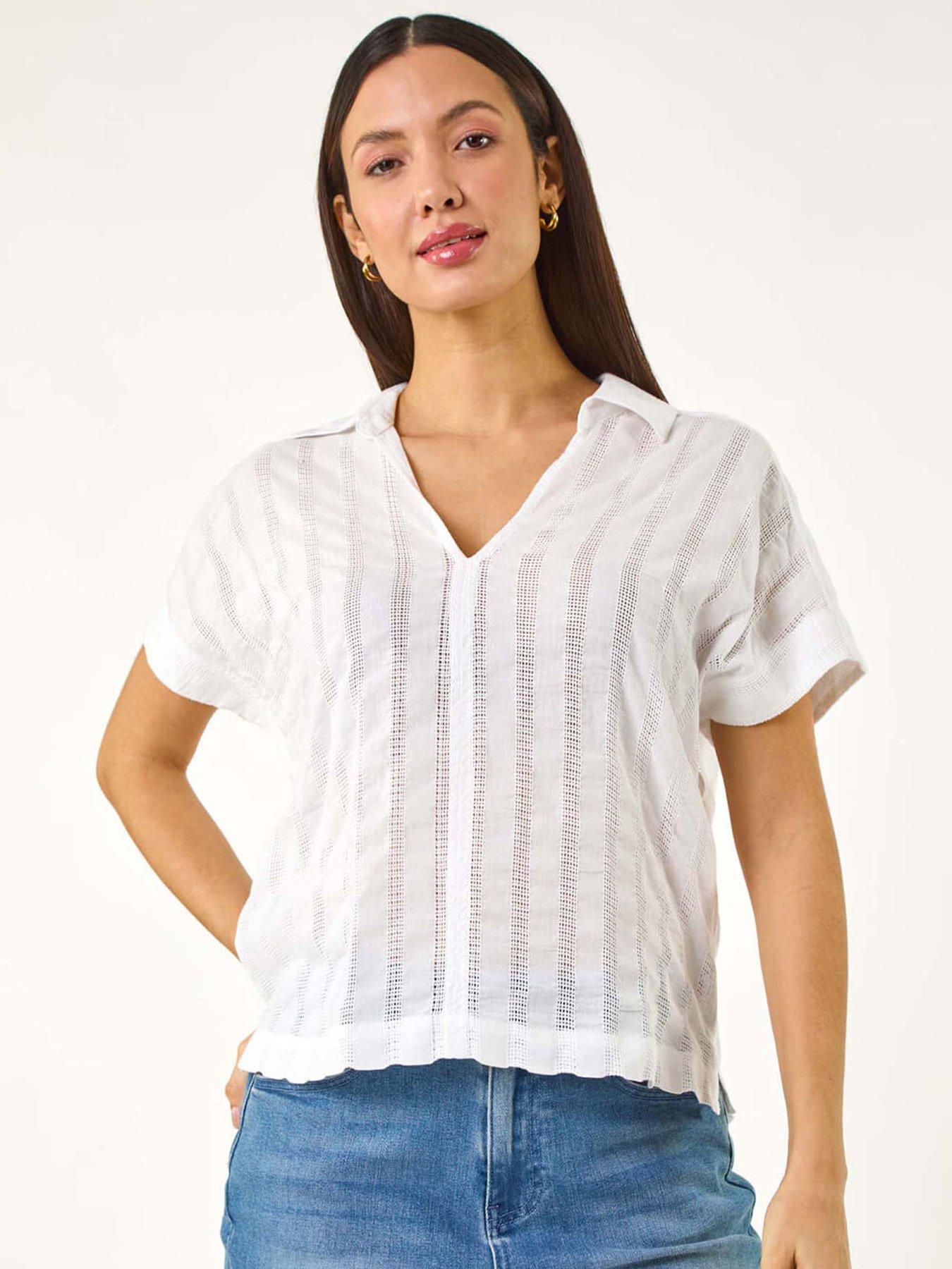 undefined Textured Collar V-neck Top - White
