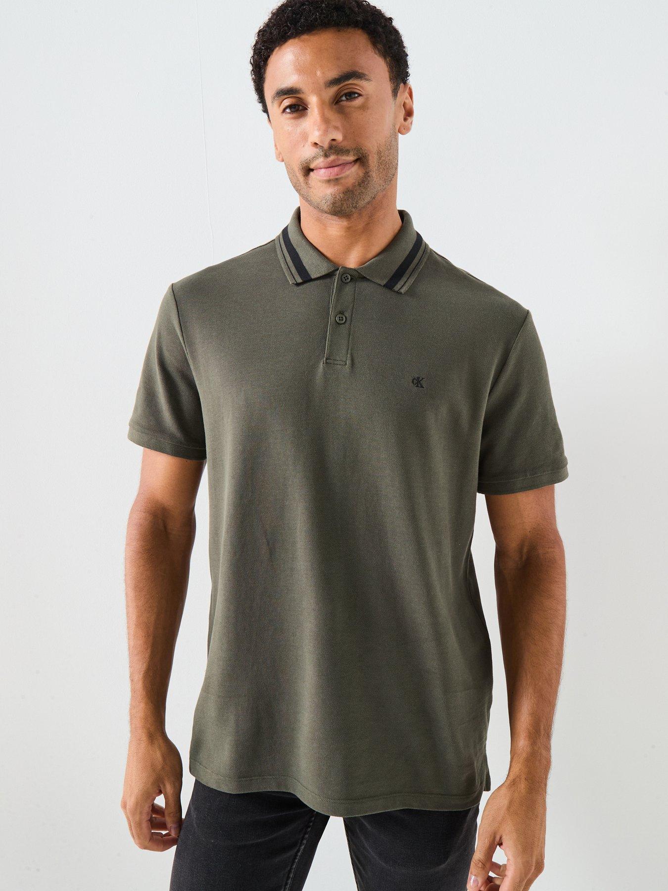 front image of calvin-klein-jeans-short-sleeve-monogram-pique-tipped-polo-shirt-green