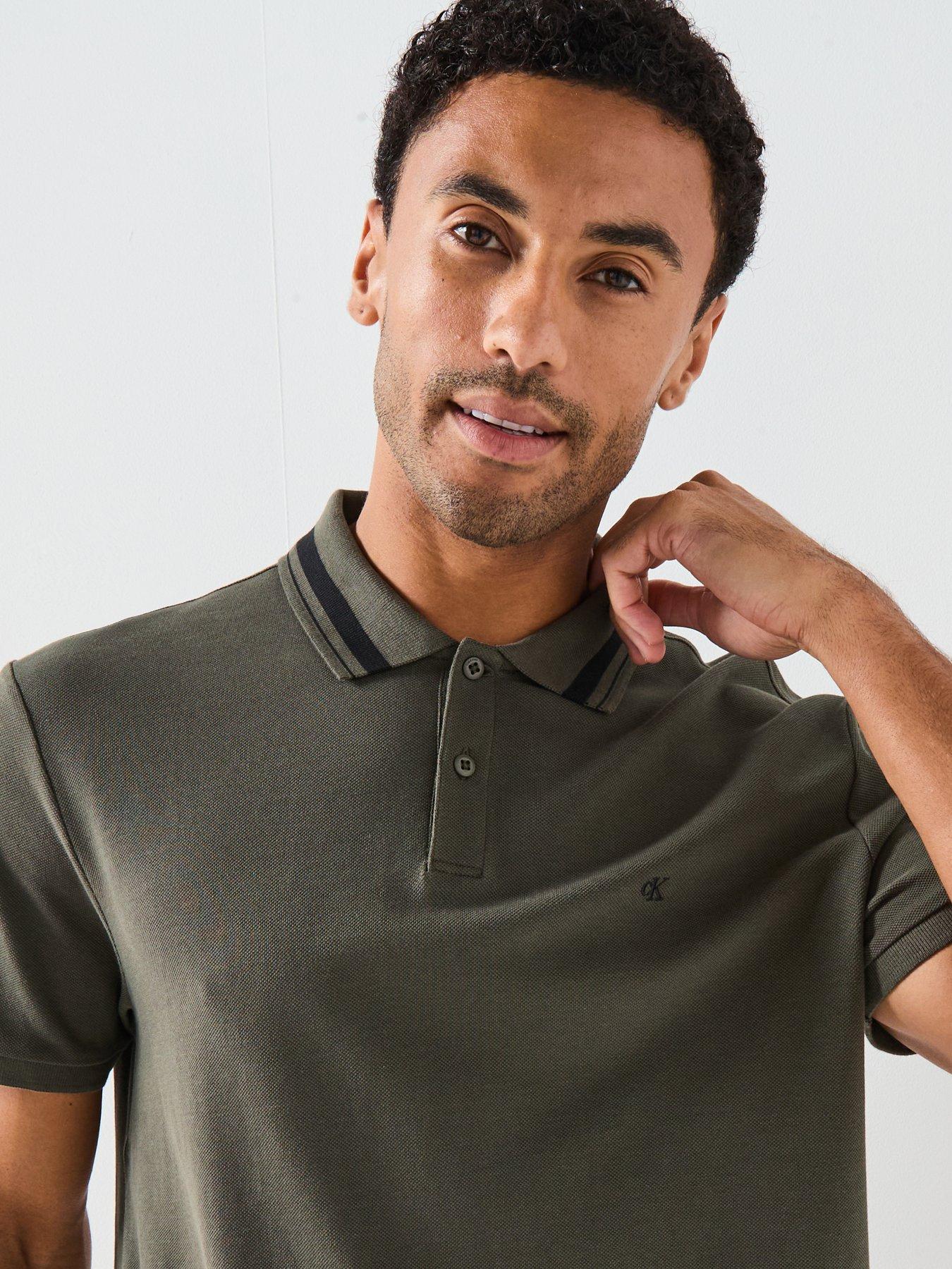  image of calvin-klein-jeans-short-sleeve-monogram-pique-tipped-polo-shirt-green