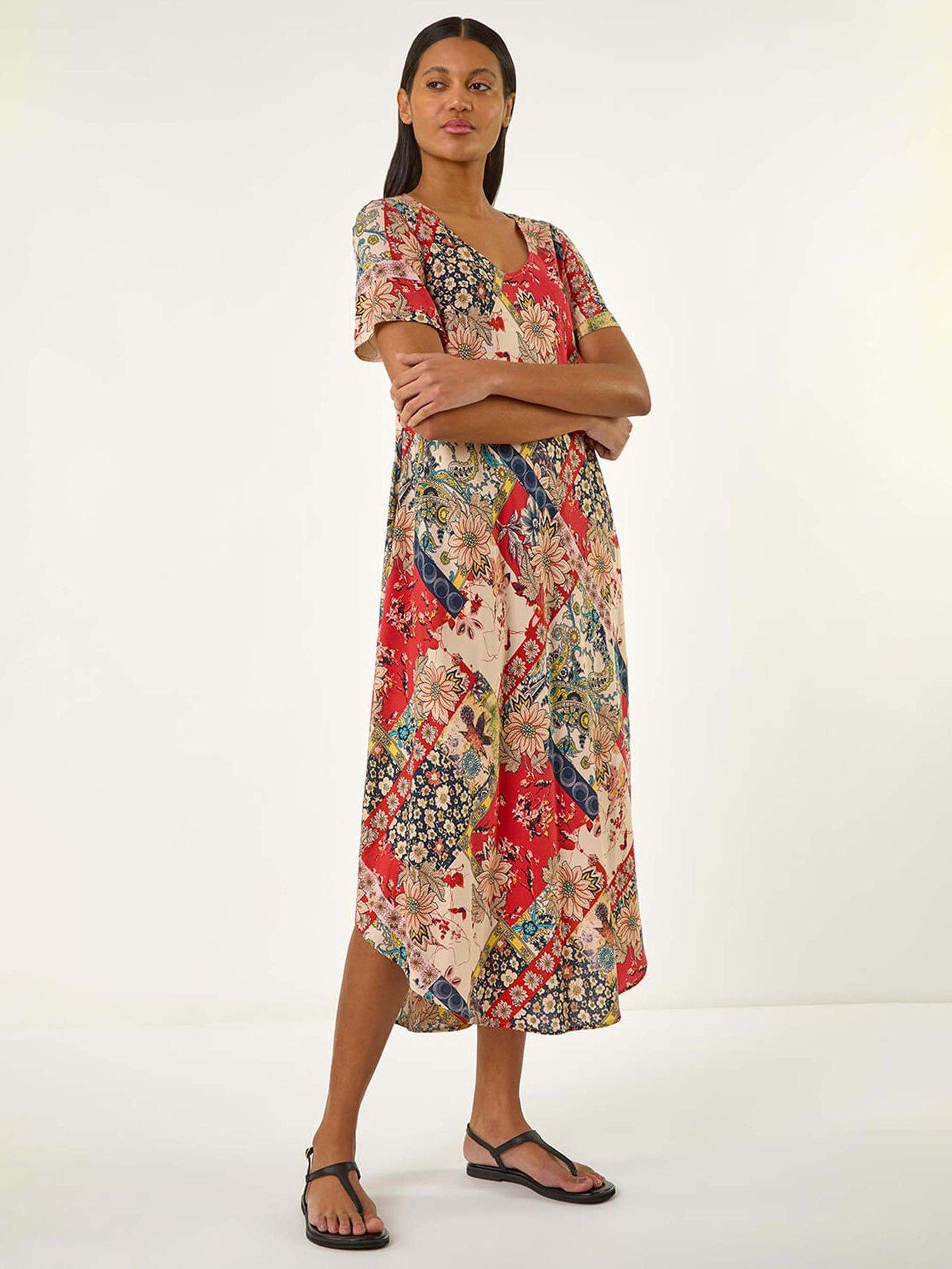  image of roman-patchwork-print-curved-hem-midi-dress-red