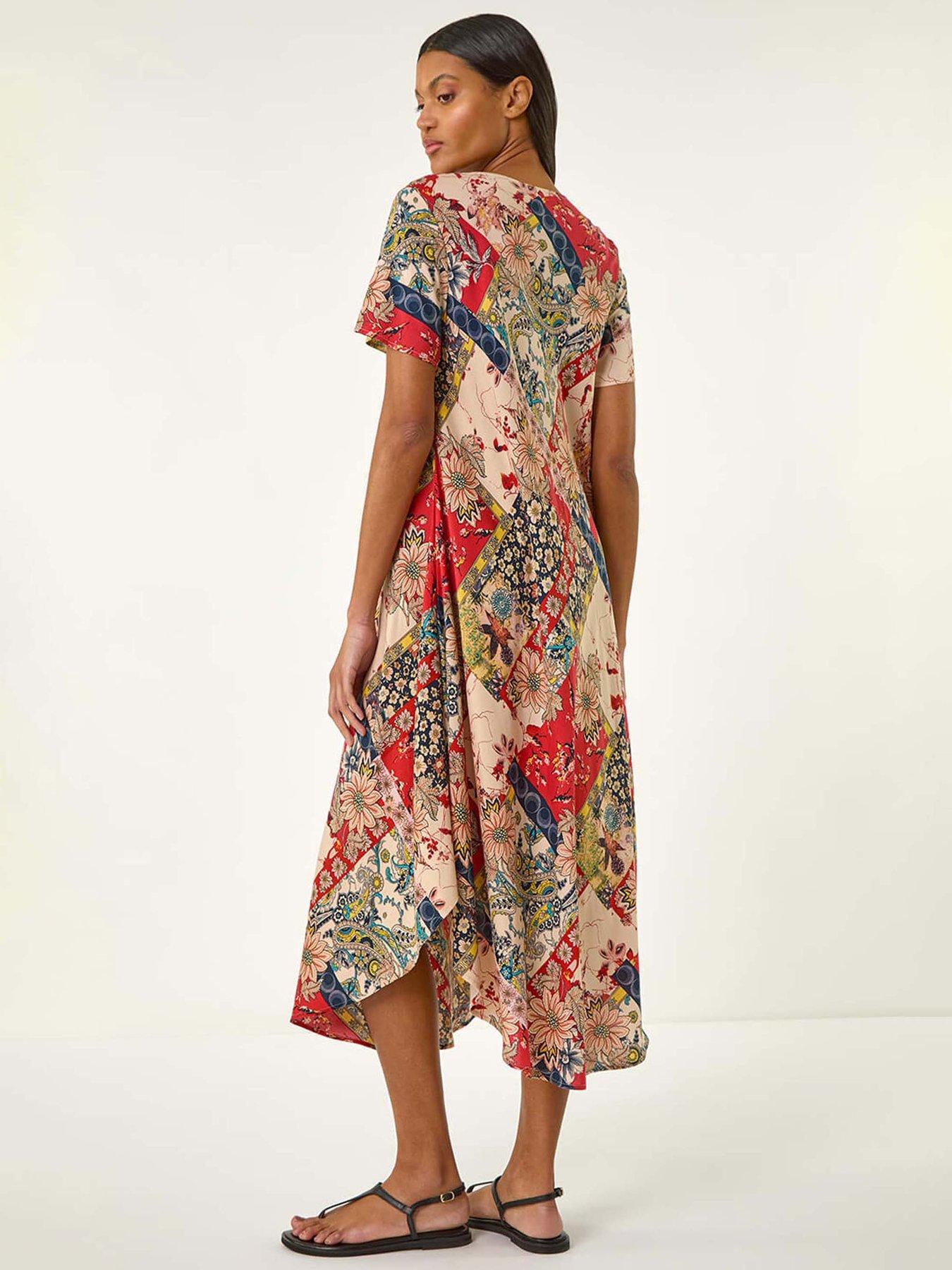  image of roman-patchwork-print-curved-hem-midi-dress-red