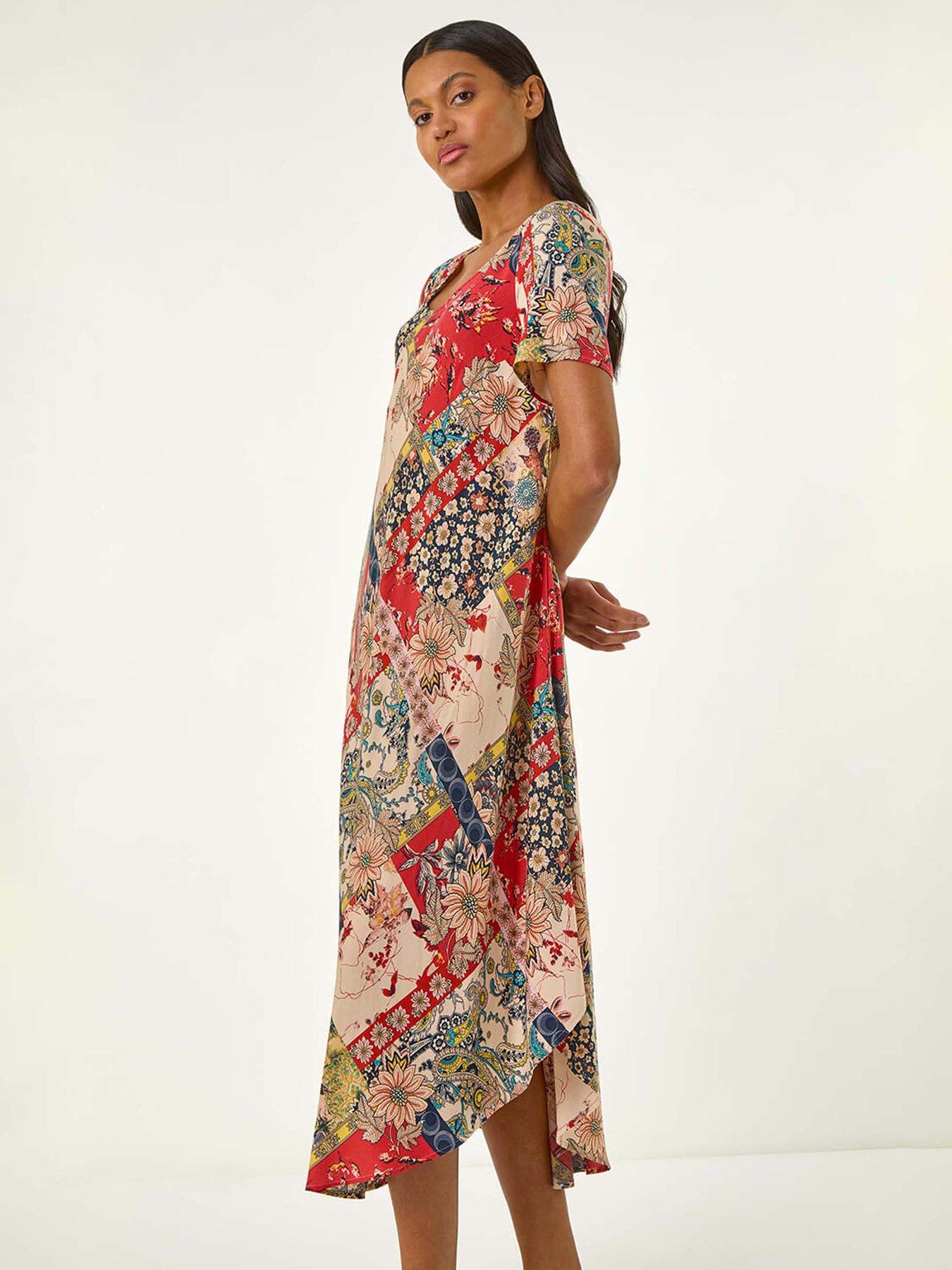  image of roman-patchwork-print-curved-hem-midi-dress-red