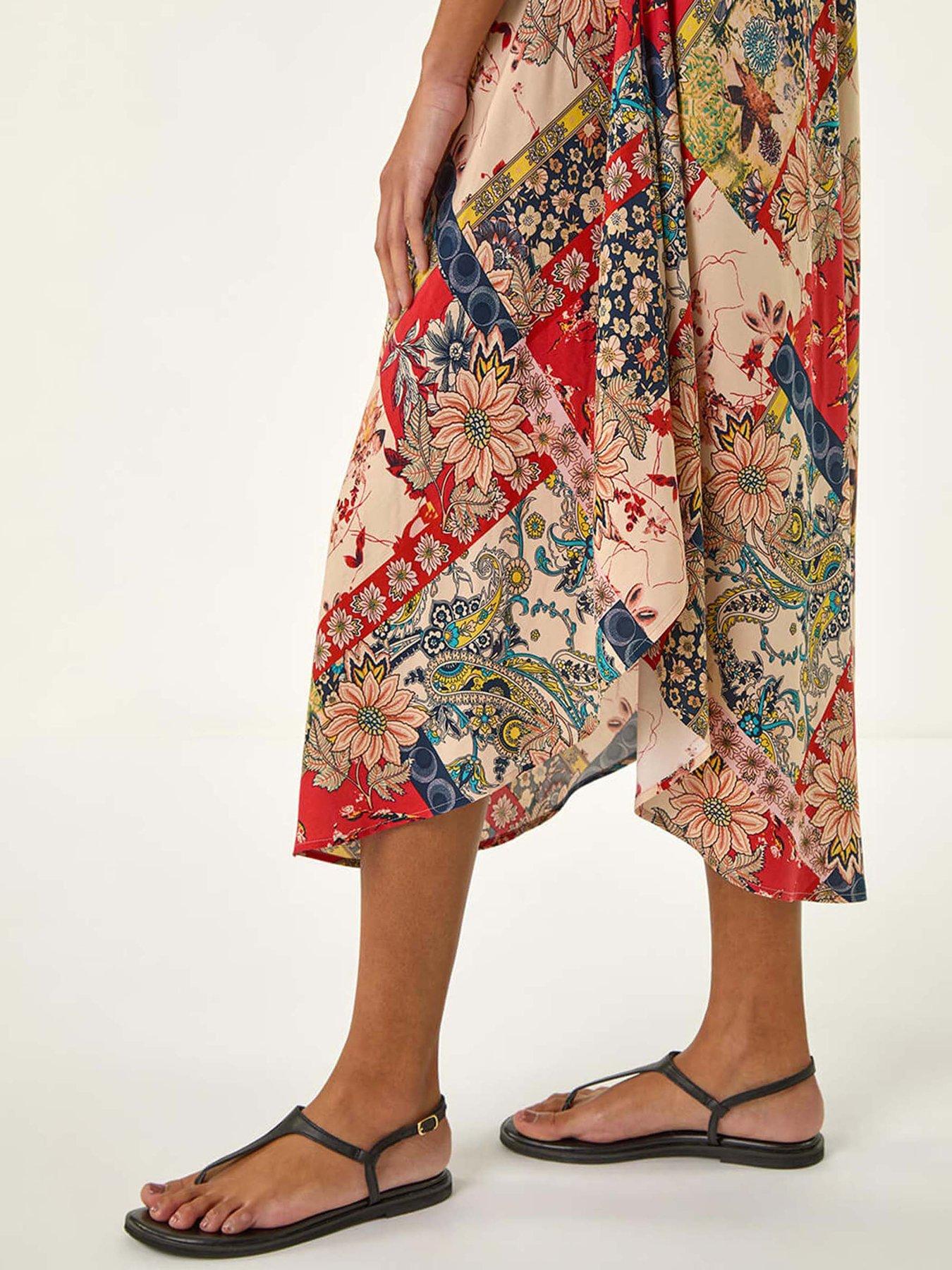  image of roman-patchwork-print-curved-hem-midi-dress-red