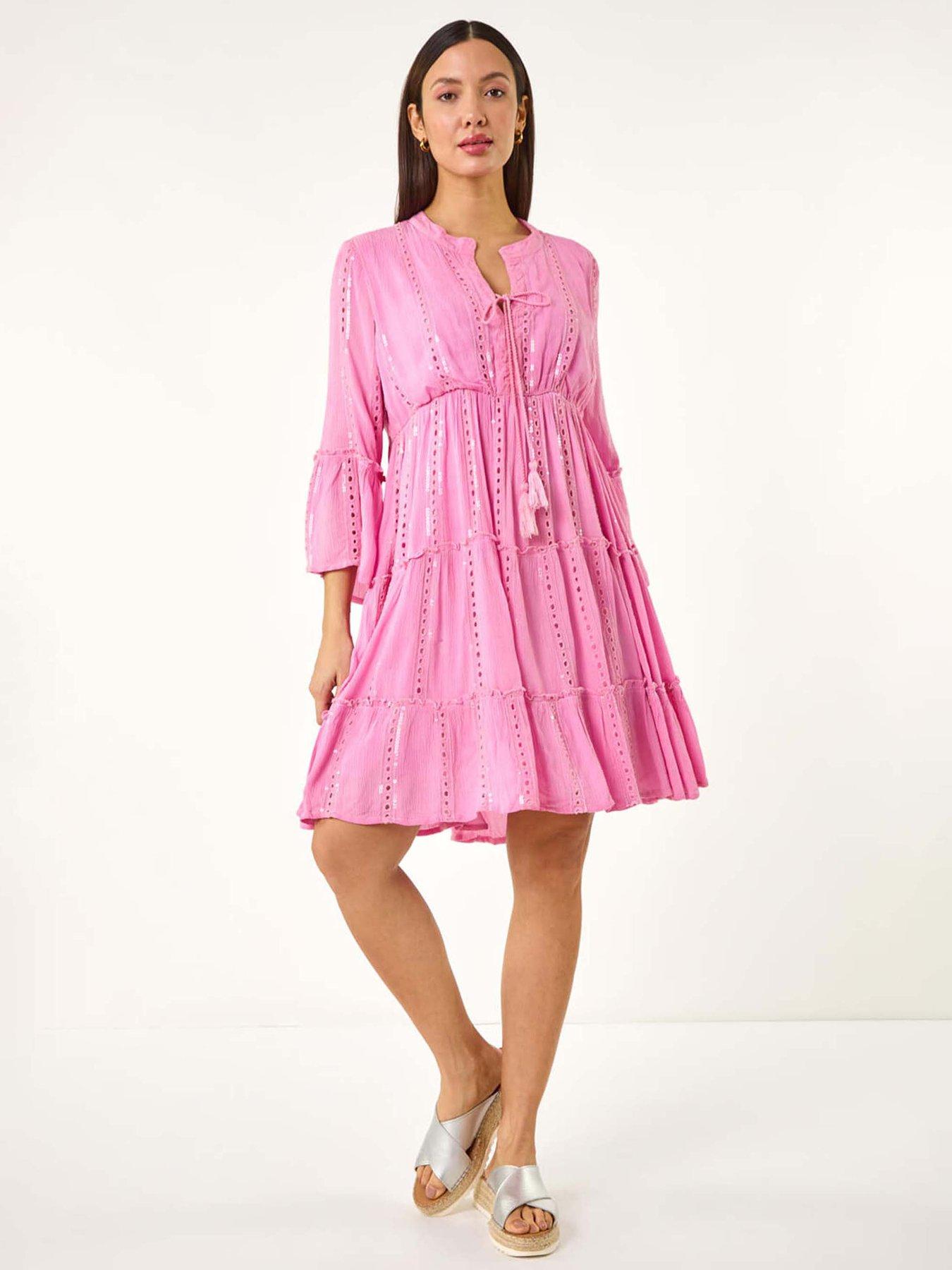 Image 1 of 5 of Roman Shimmer Tie Detail Smock Dress - Pink