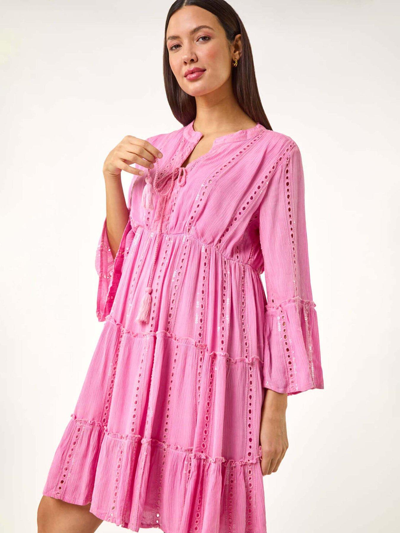Image 3 of 5 of Roman Shimmer Tie Detail Smock Dress - Pink