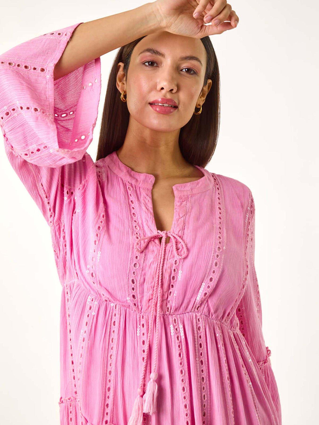 Image 4 of 5 of Roman Shimmer Tie Detail Smock Dress - Pink
