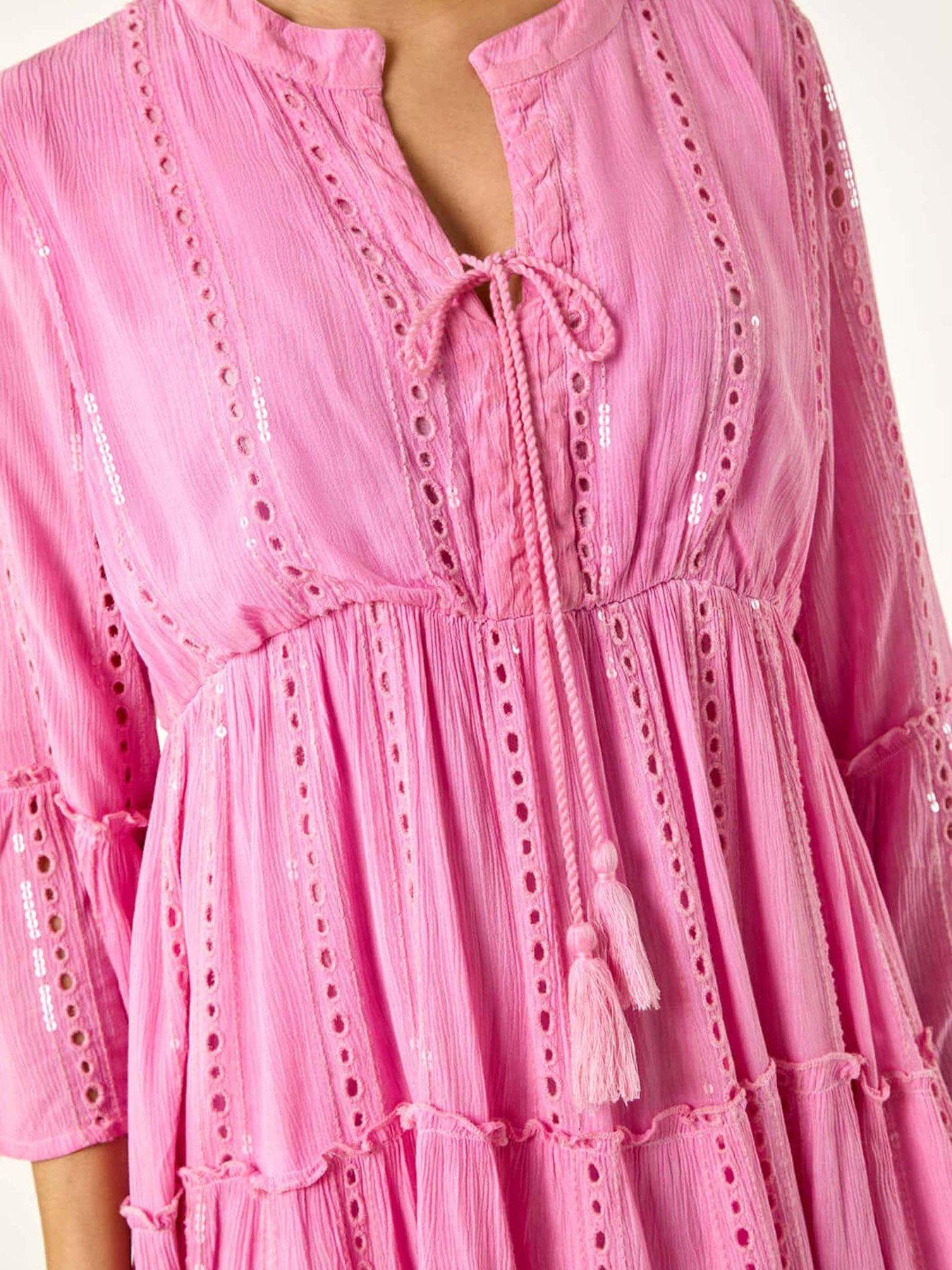 Image 5 of 5 of Roman Shimmer Tie Detail Smock Dress - Pink
