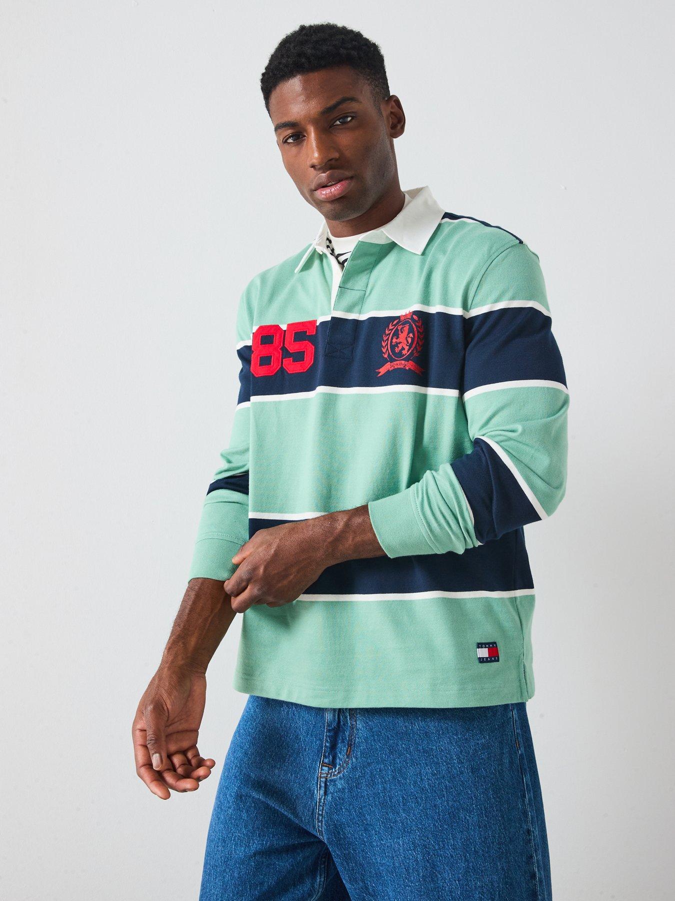Image 1 of 6 of Tommy Jeans Regular Fit Rugger Stripe Long Sleeve Polo Shirt - Green