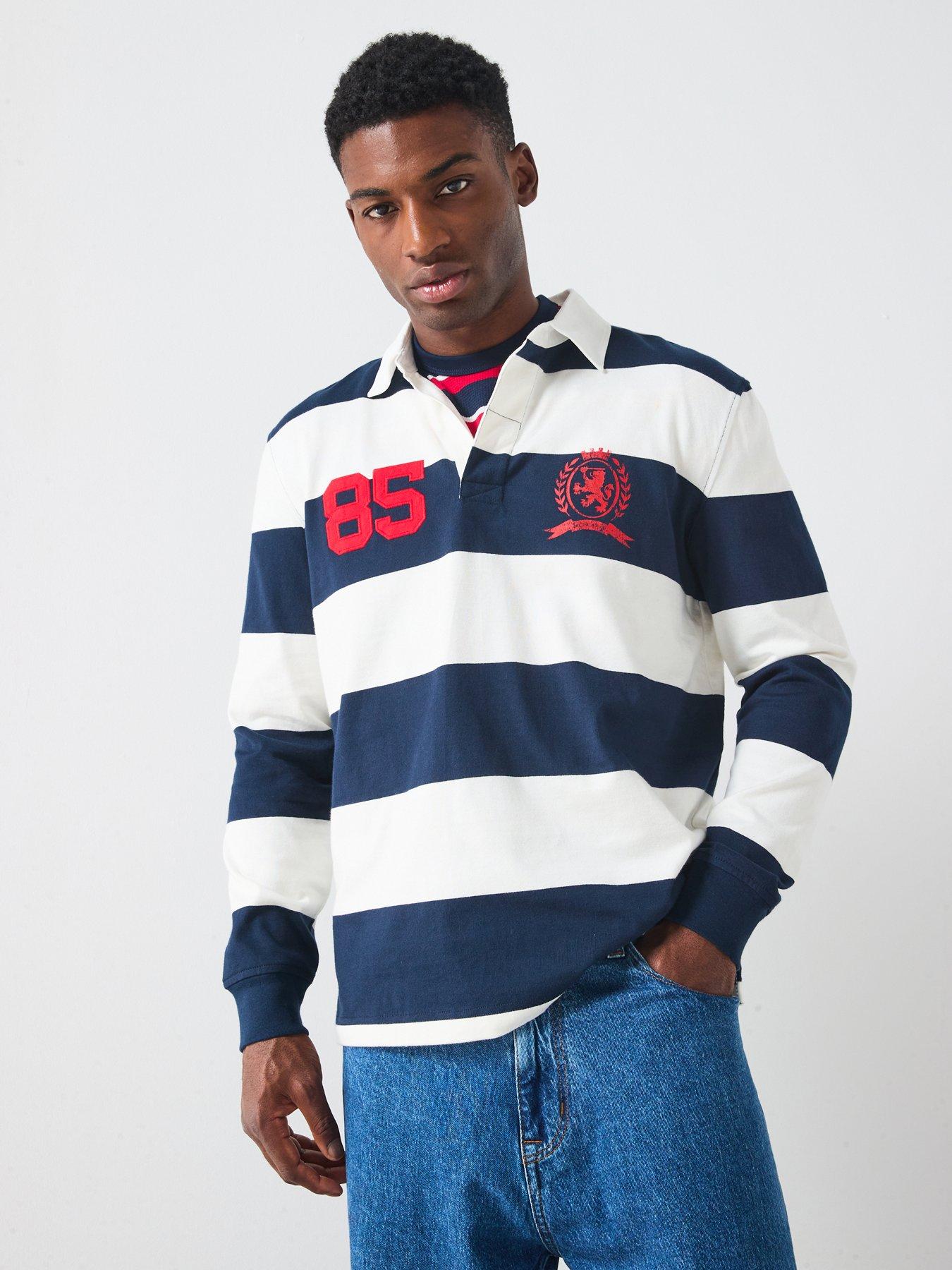 undefined Rugger Stripe Long Sleeve Polo Shirt - Navy