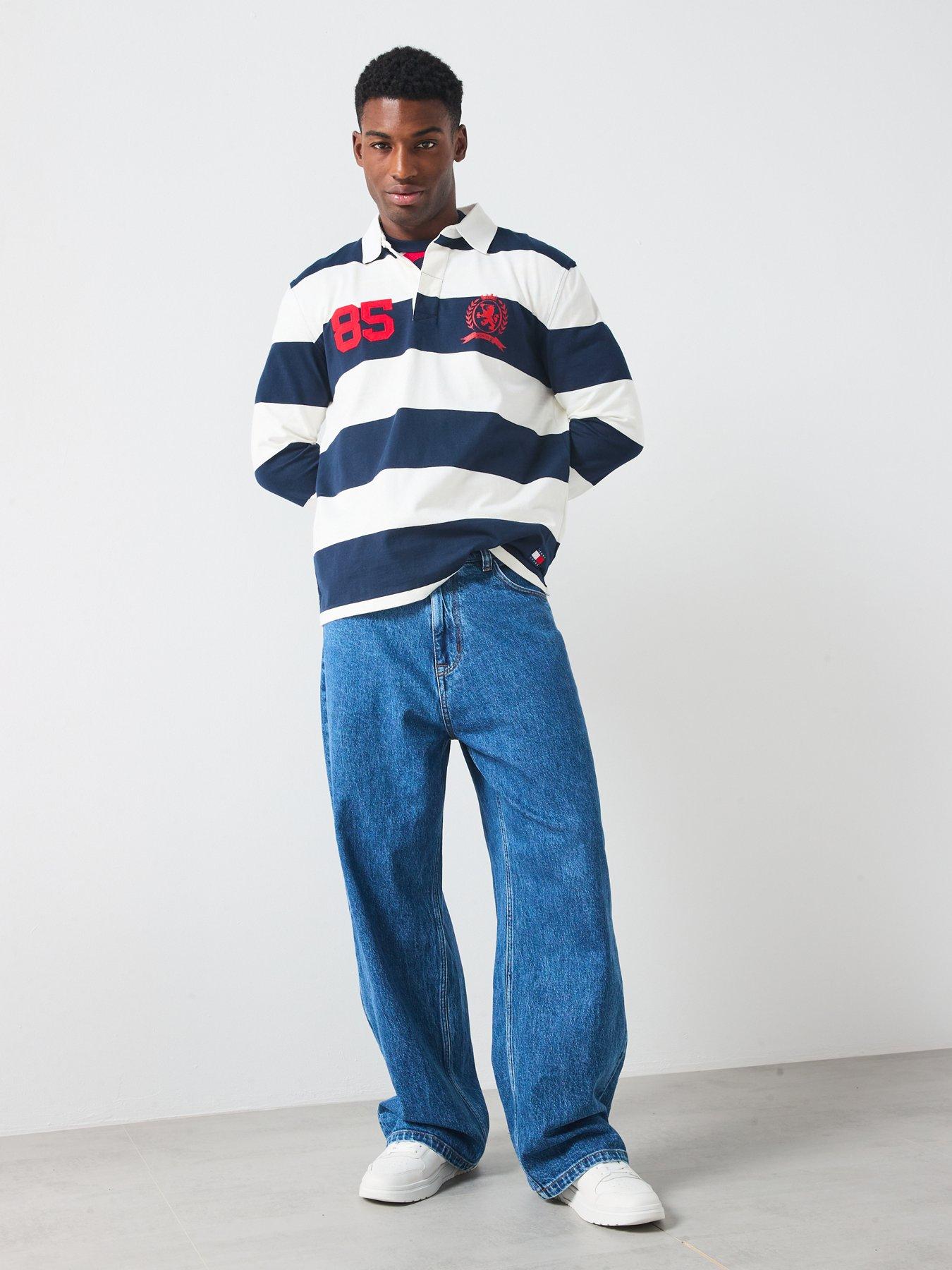 Image 3 of 6 of Tommy Jeans Rugger Stripe Long Sleeve Polo Shirt - Navy